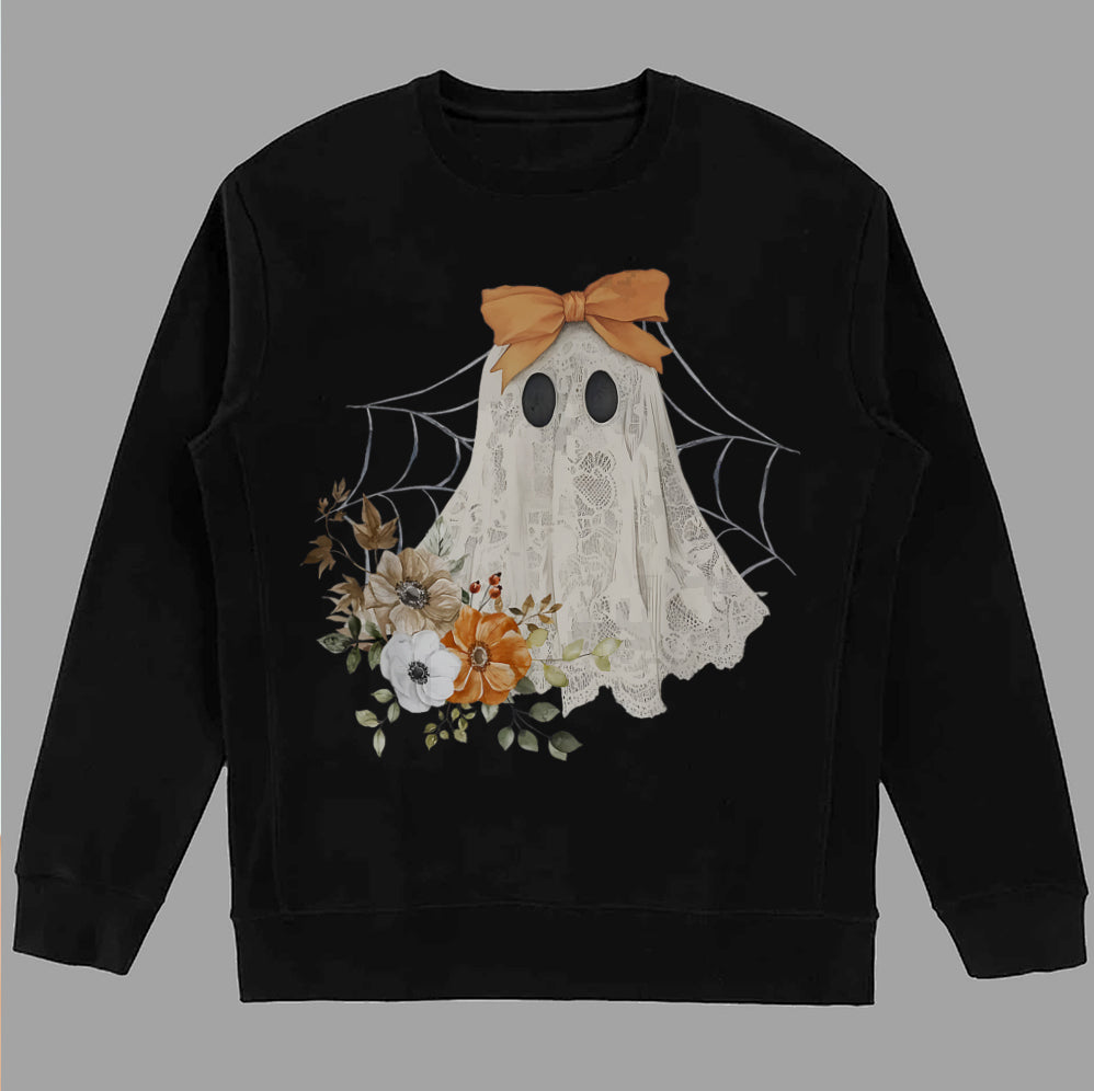Halloween Lace Ghost T Shirt, Spooky Coquette T-Shirt, Girly Ghost Orange Bow T Shirt v5, Lacey Ghost Tee pooky Season Top Outfit
