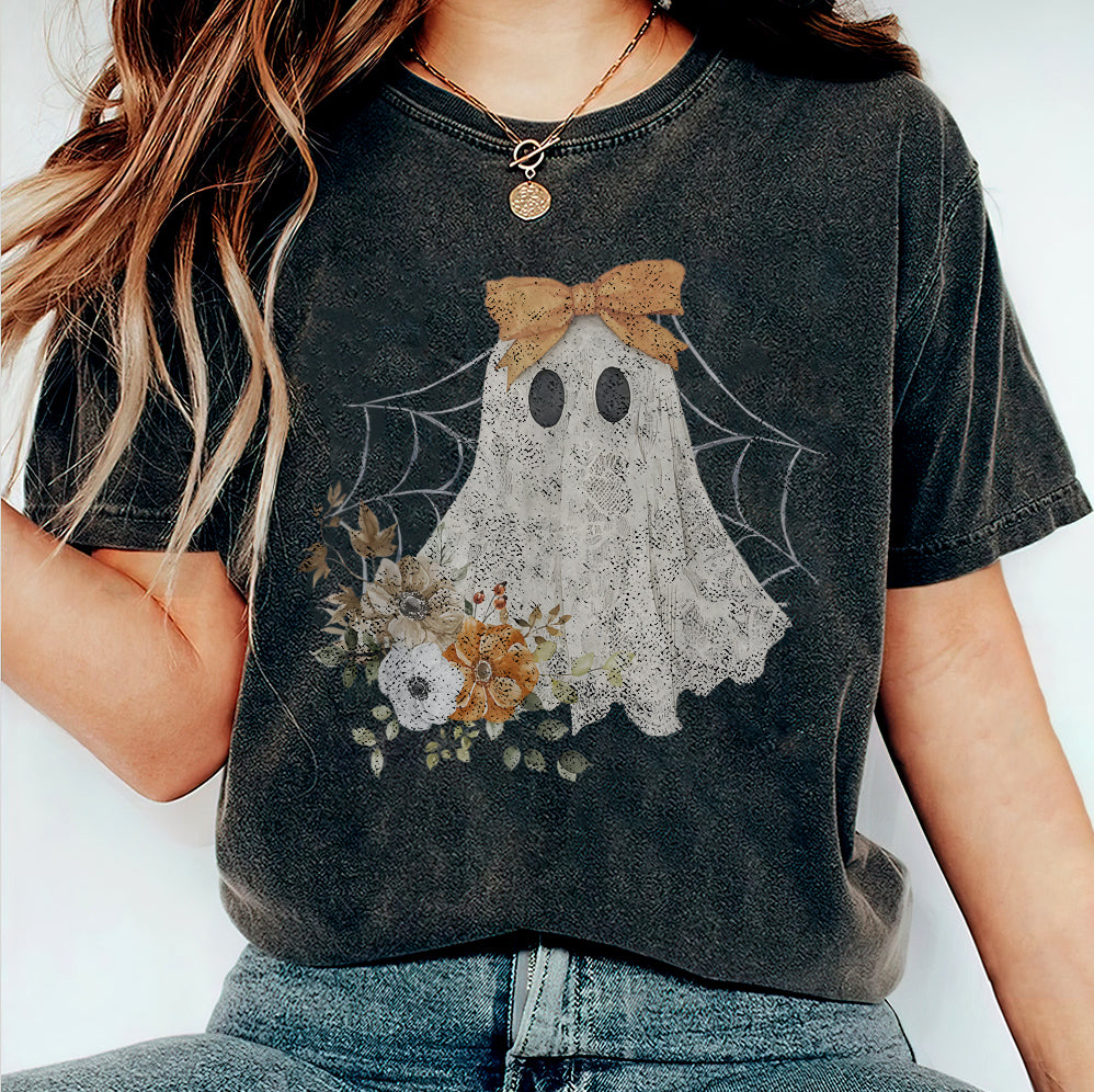 Halloween Lace Ghost T Shirt, Spooky Coquette T-Shirt, Girly Ghost Orange Bow T Shirt v5, Lacey Ghost Tee pooky Season Top Outfit