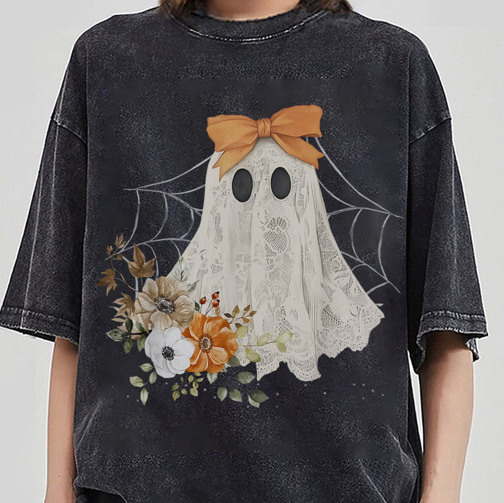 Halloween Lace Ghost T Shirt, Spooky Coquette T-Shirt, Girly Ghost Orange Bow T Shirt v5, Lacey Ghost Tee pooky Season Top Outfit
