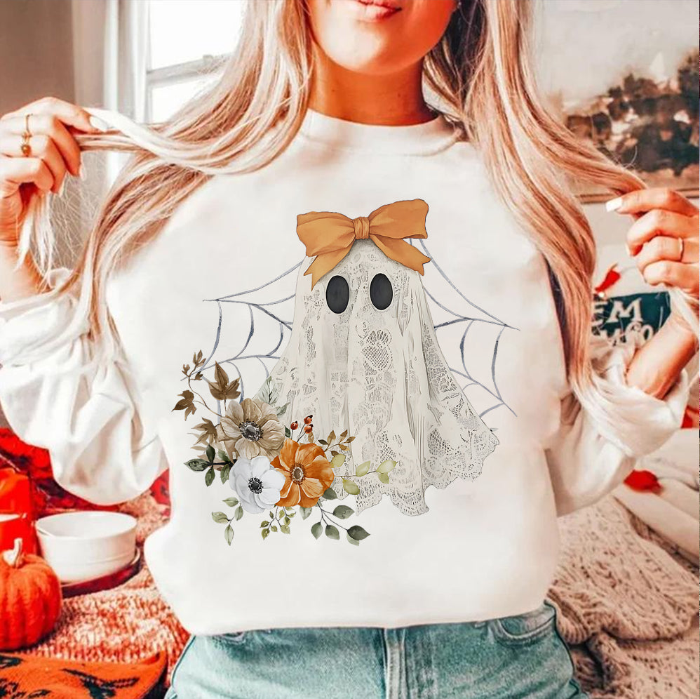 Halloween Lace Ghost T Shirt, Spooky Coquette T-Shirt, Girly Ghost Orange Bow T Shirt v5, Lacey Ghost Tee pooky Season Top Outfit