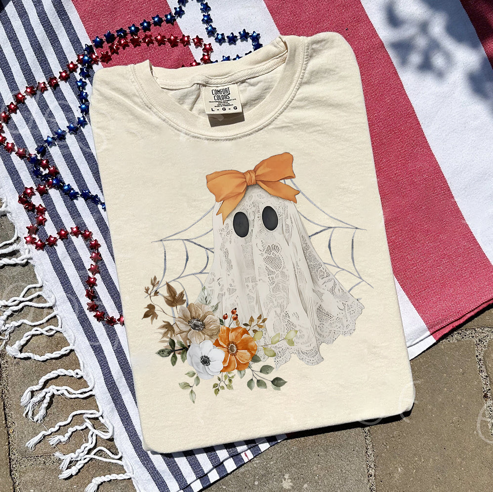 Halloween Lace Ghost T Shirt, Spooky Coquette T-Shirt, Girly Ghost Orange Bow T Shirt v5, Lacey Ghost Tee pooky Season Top Outfit