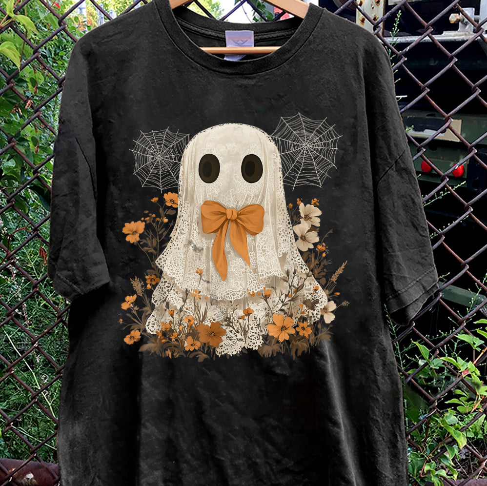 Halloween Lace Ghost T Shirt, Spooky Coquette T-Shirt, Girly Ghost Orange Bow T Shirt v6, Lacey Ghost Tee pooky Season Top Outfit