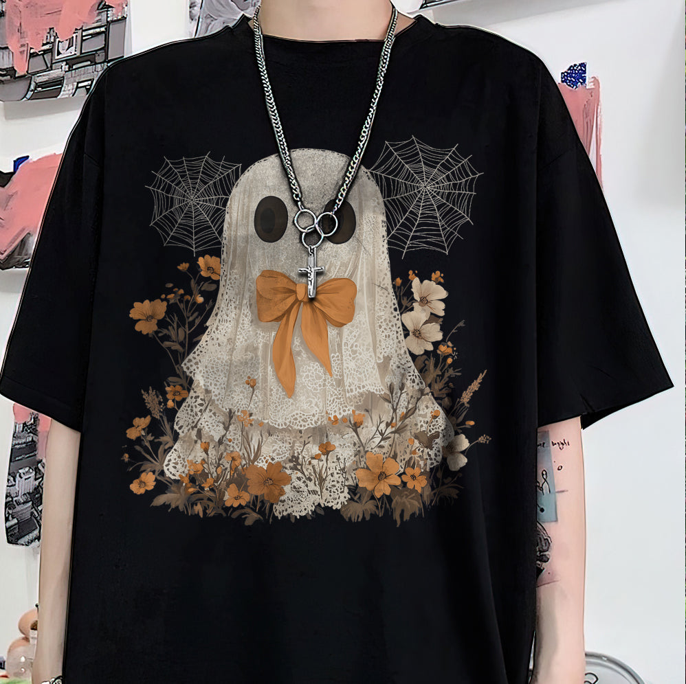 Halloween Lace Ghost T Shirt, Spooky Coquette T-Shirt, Girly Ghost Orange Bow T Shirt v6, Lacey Ghost Tee pooky Season Top Outfit