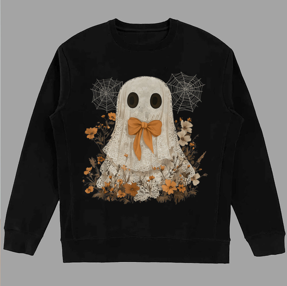 Halloween Lace Ghost T Shirt, Spooky Coquette T-Shirt, Girly Ghost Orange Bow T Shirt v6, Lacey Ghost Tee pooky Season Top Outfit