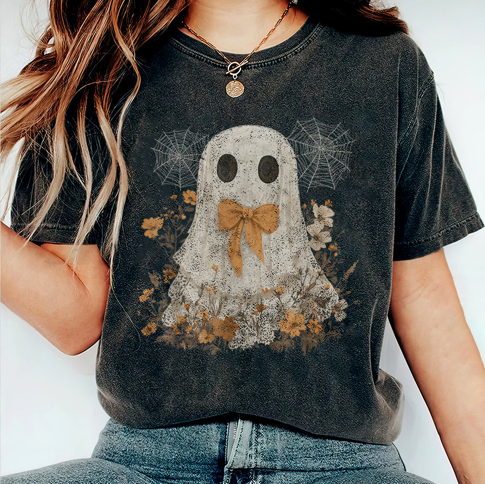 Halloween Lace Ghost T Shirt, Spooky Coquette T-Shirt, Girly Ghost Orange Bow T Shirt v6, Lacey Ghost Tee pooky Season Top Outfit