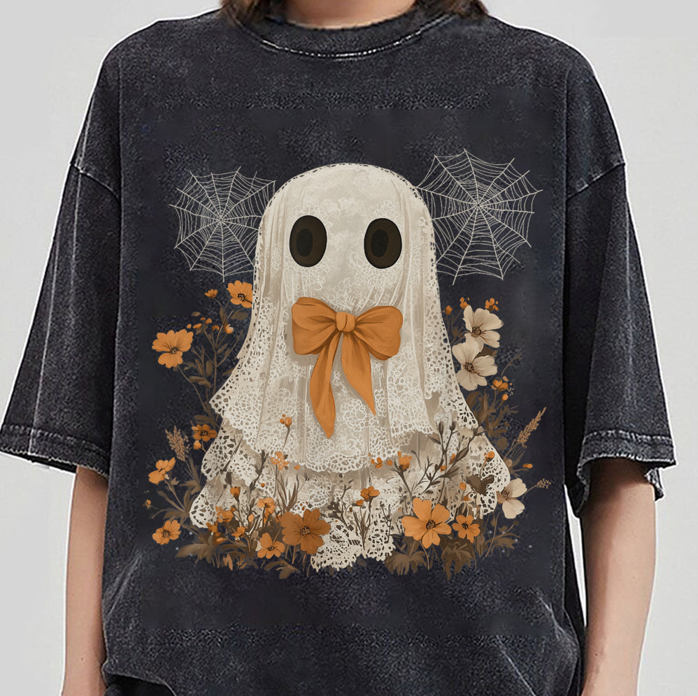 Halloween Lace Ghost T Shirt, Spooky Coquette T-Shirt, Girly Ghost Orange Bow T Shirt v6, Lacey Ghost Tee pooky Season Top Outfit