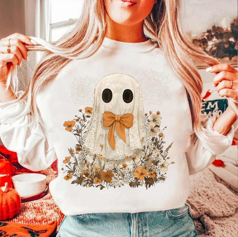 Halloween Lace Ghost T Shirt, Spooky Coquette T-Shirt, Girly Ghost Orange Bow T Shirt v6, Lacey Ghost Tee pooky Season Top Outfit