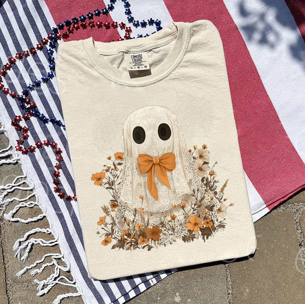 Halloween Lace Ghost T Shirt, Spooky Coquette T-Shirt, Girly Ghost Orange Bow T Shirt v6, Lacey Ghost Tee pooky Season Top Outfit