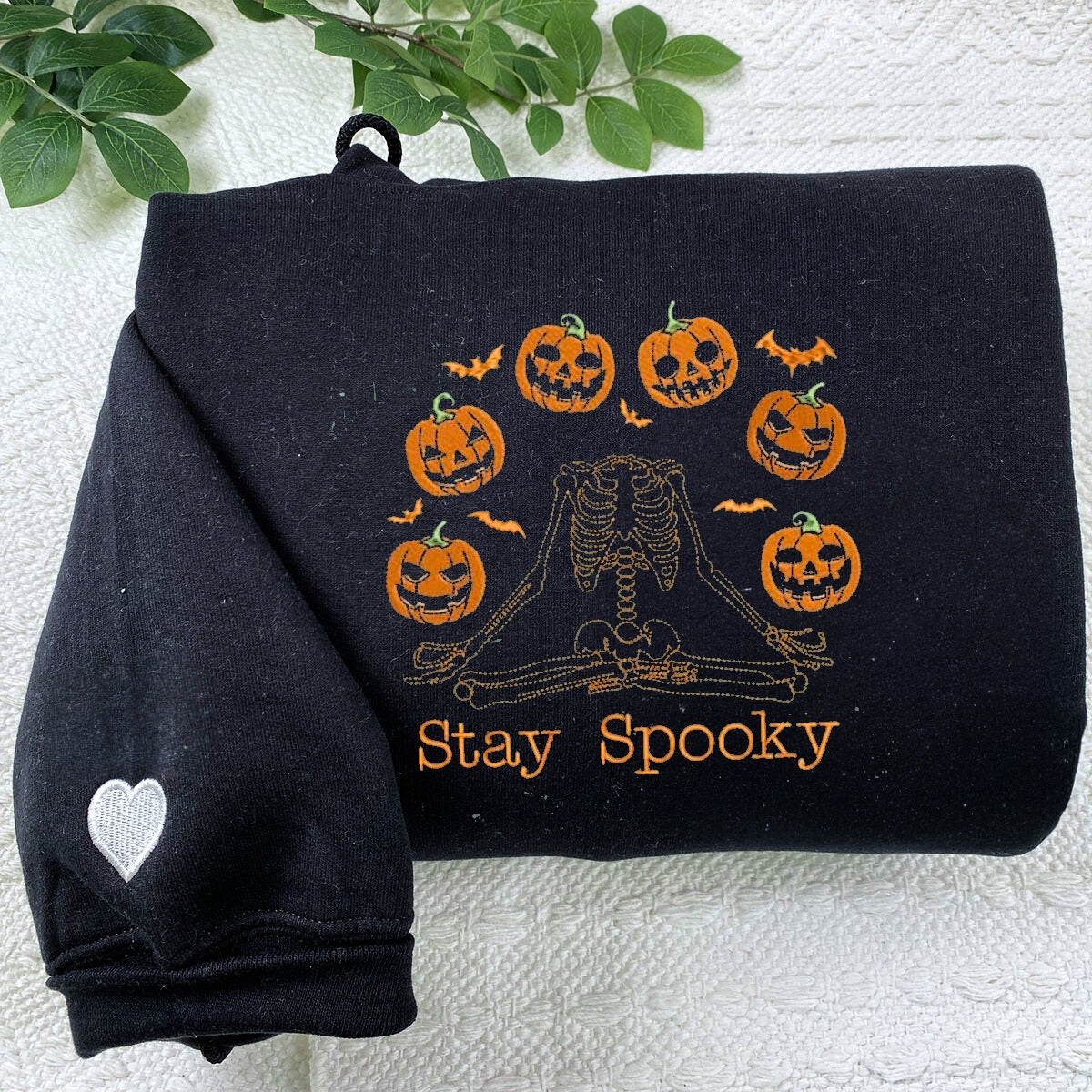 Halloween Pumpkin Sweatshirt, Embroidered Skeleton Hoodie EMHA2608