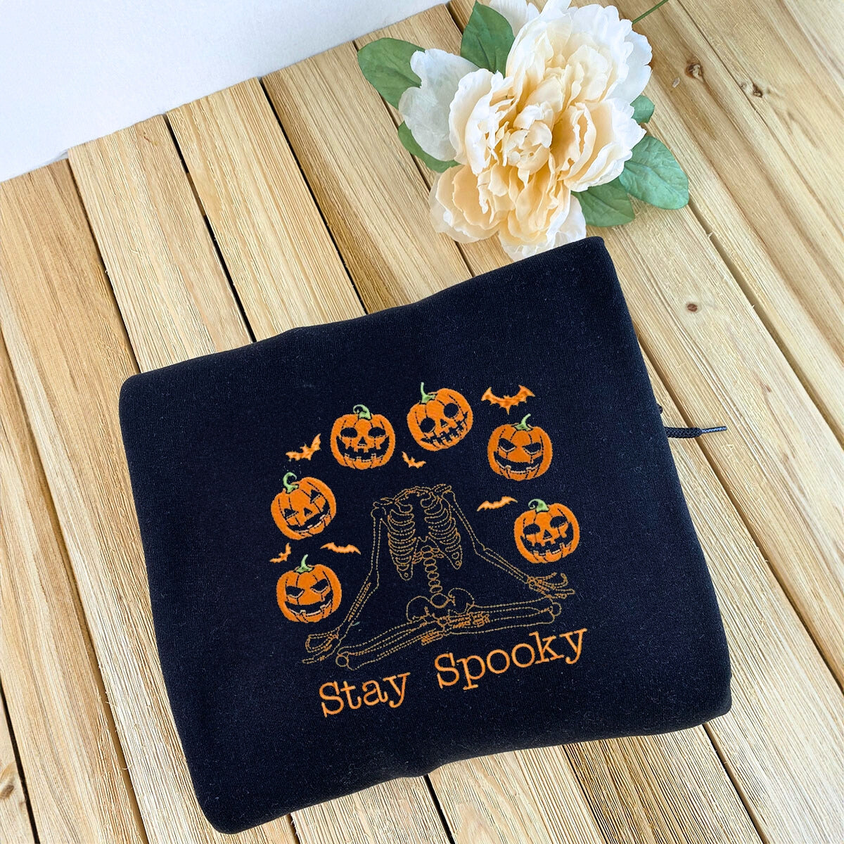 Halloween Pumpkin Sweatshirt, Embroidered Skeleton Hoodie EMHA2608