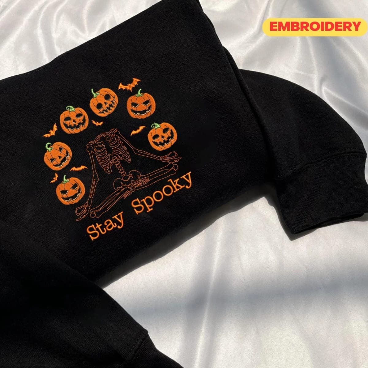 Halloween Pumpkin Sweatshirt, Embroidered Skeleton Hoodie EMHA2608
