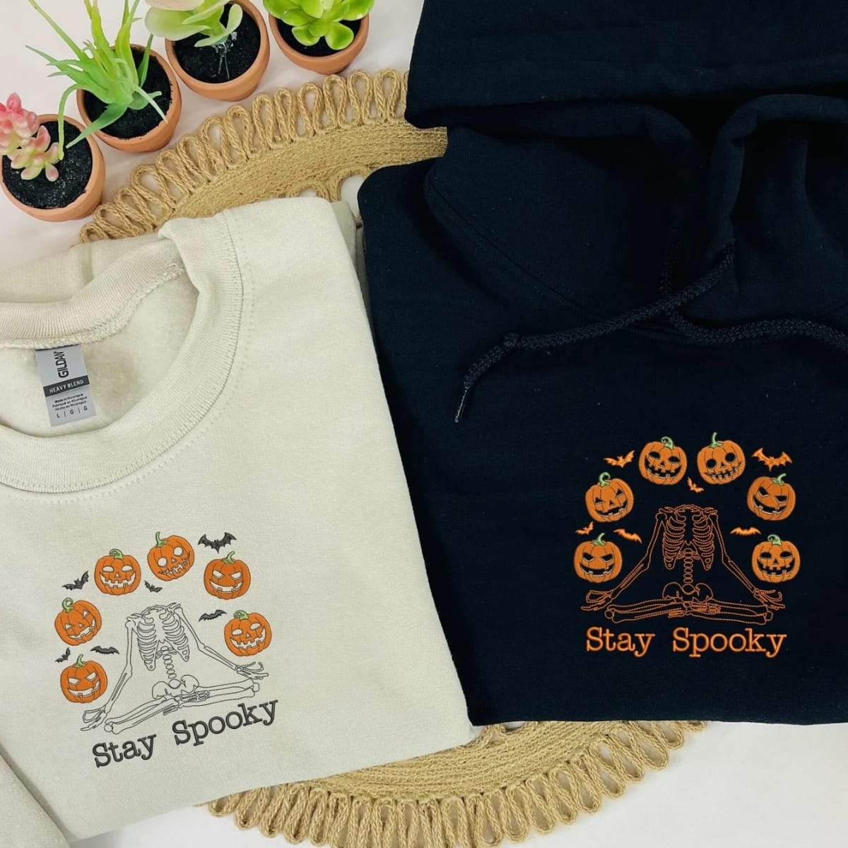 Halloween Pumpkin Sweatshirt, Embroidered Skeleton Hoodie EMHA2608