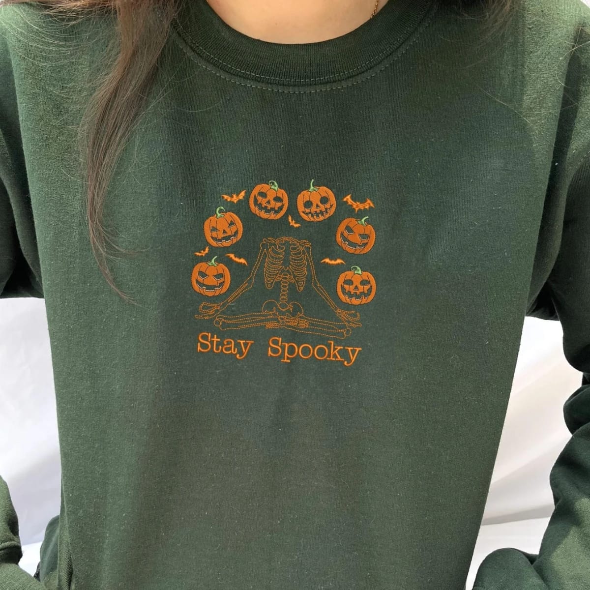 Halloween Pumpkin Sweatshirt, Embroidered Skeleton Hoodie EMHA2608