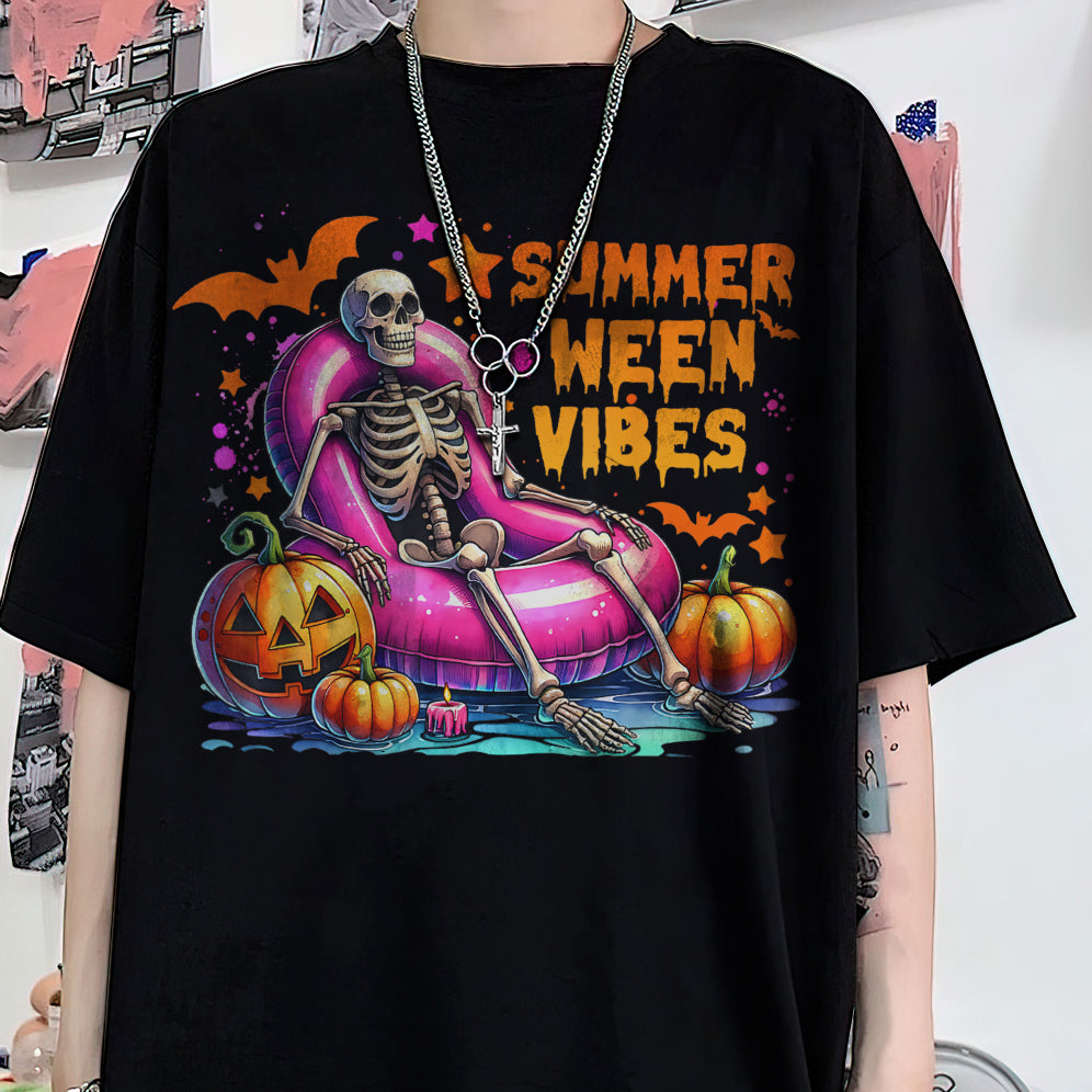 Halloween Summerween Vibes Summer Vacation Skeleton Float T-Shirt, Meme Shirt
