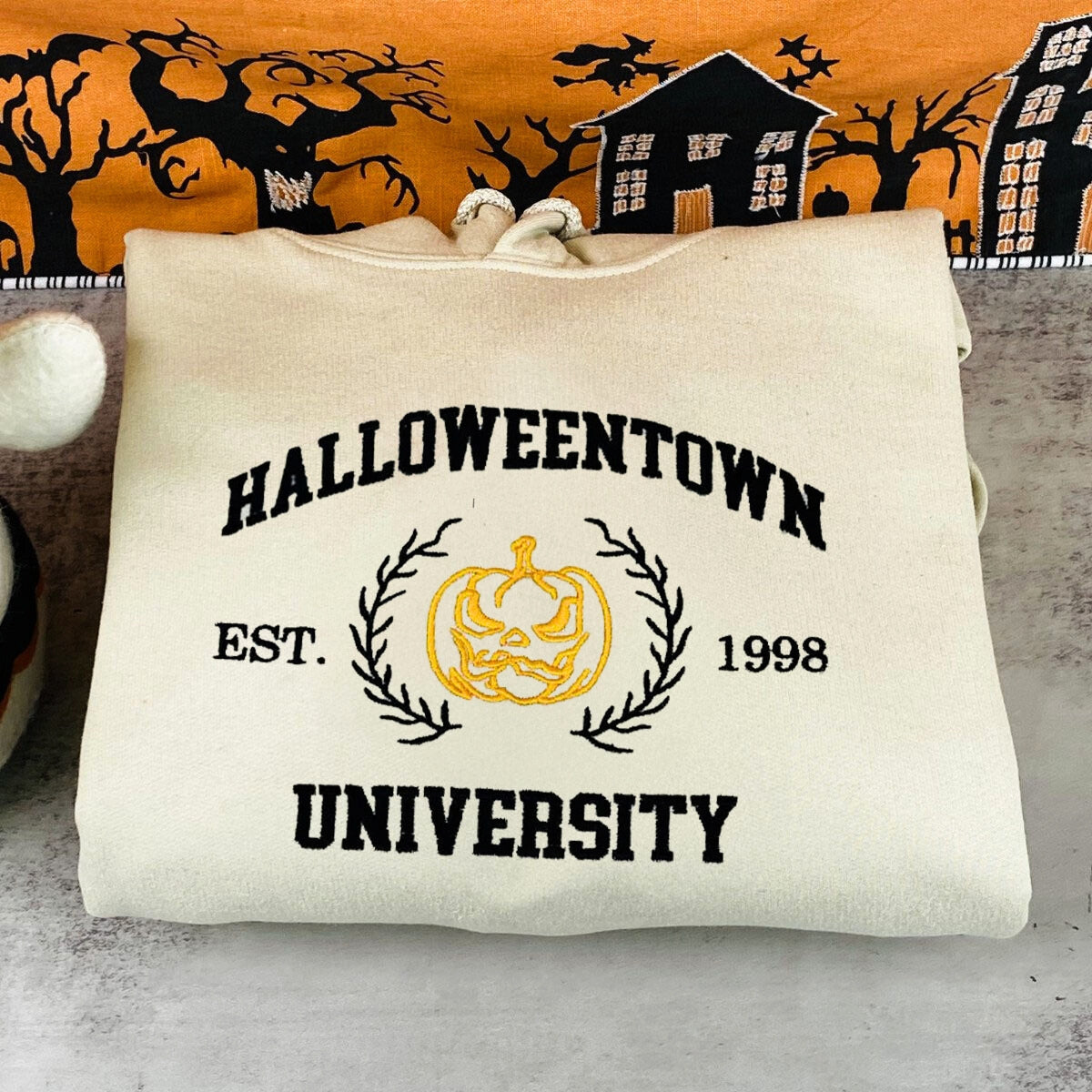 Halloween town University Pumpkin School of Ghouls Scary Est 1998 Halloween Sweatshirt, Hoodie Embroidered 77744EMHA2608