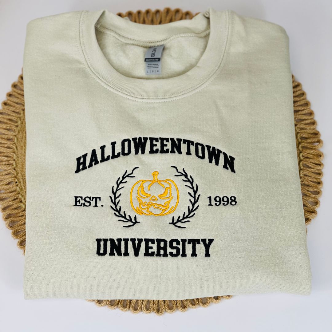 Halloween town University Pumpkin School of Ghouls Scary Est 1998 Halloween Sweatshirt, Hoodie Embroidered 77744EMHA2608