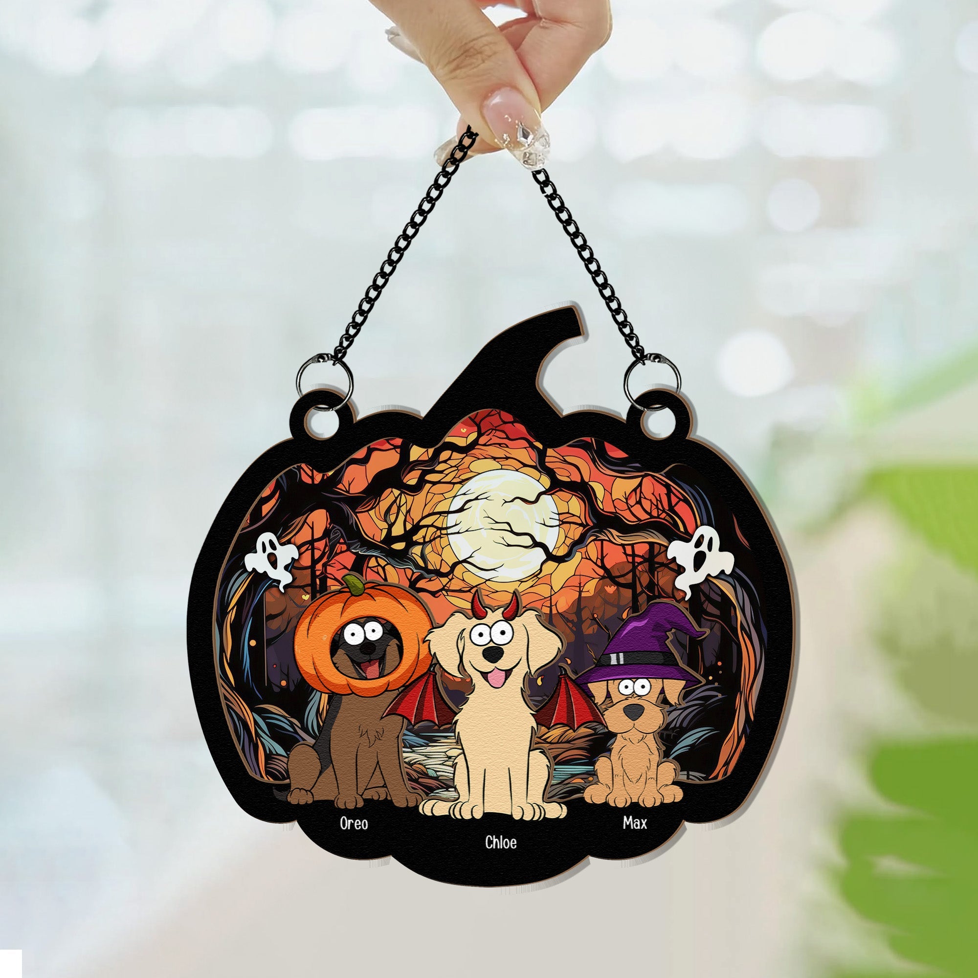 Happy Halloween With Fur Babies - Personalized Window Hanging Suncatcher Ornament  ORHA2208