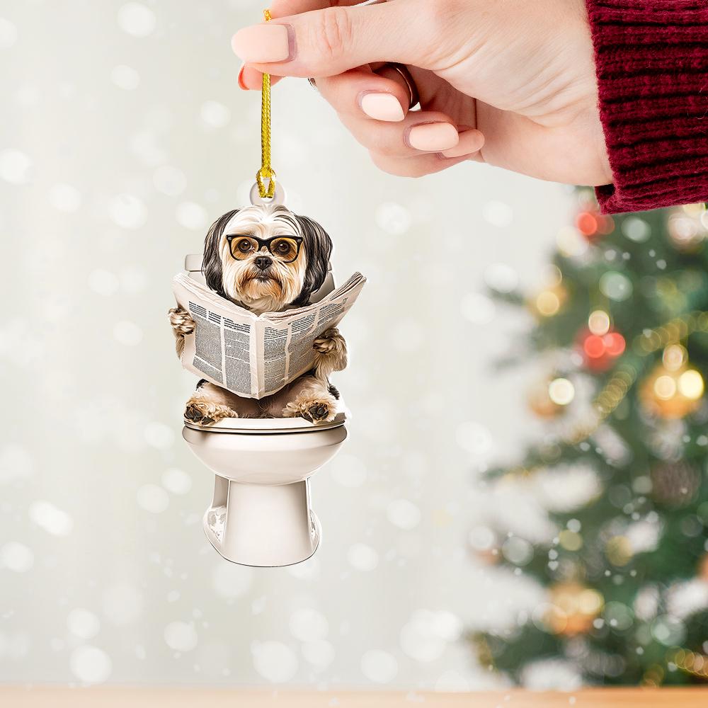 Havanese Dog Sitting On Toilet Ornament, Havanese Dog Reading Newspaper Ornament, Havanese Dog Car Ornament Christmas Gift HAOR0611