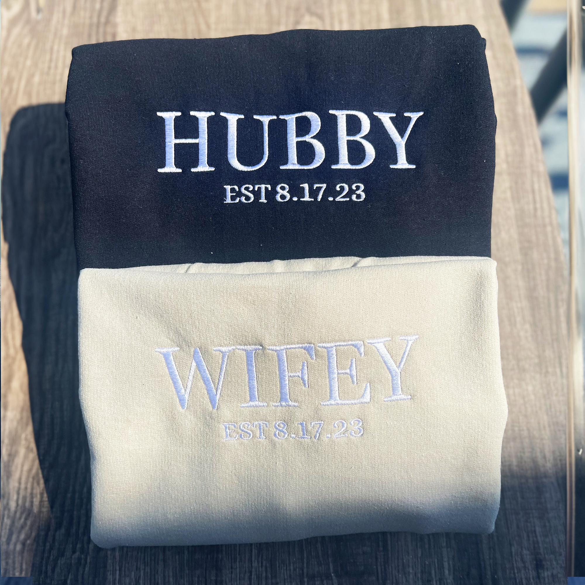 Customized Wifey and Hubby Sweatshirts, Bridal Couple Pullover, Personalized Wifey Sweater, Honeymoon Gift em4