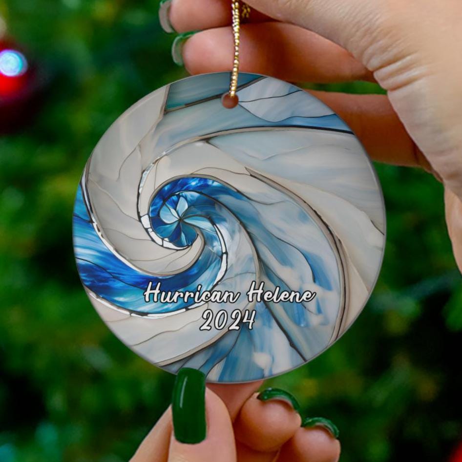 Hurricane Helene Ornament, Beautiful Florida Gift, 2024 Storm Souvenir, Blue White Cloud Printed, Meteorology Meteorologist HAOR14