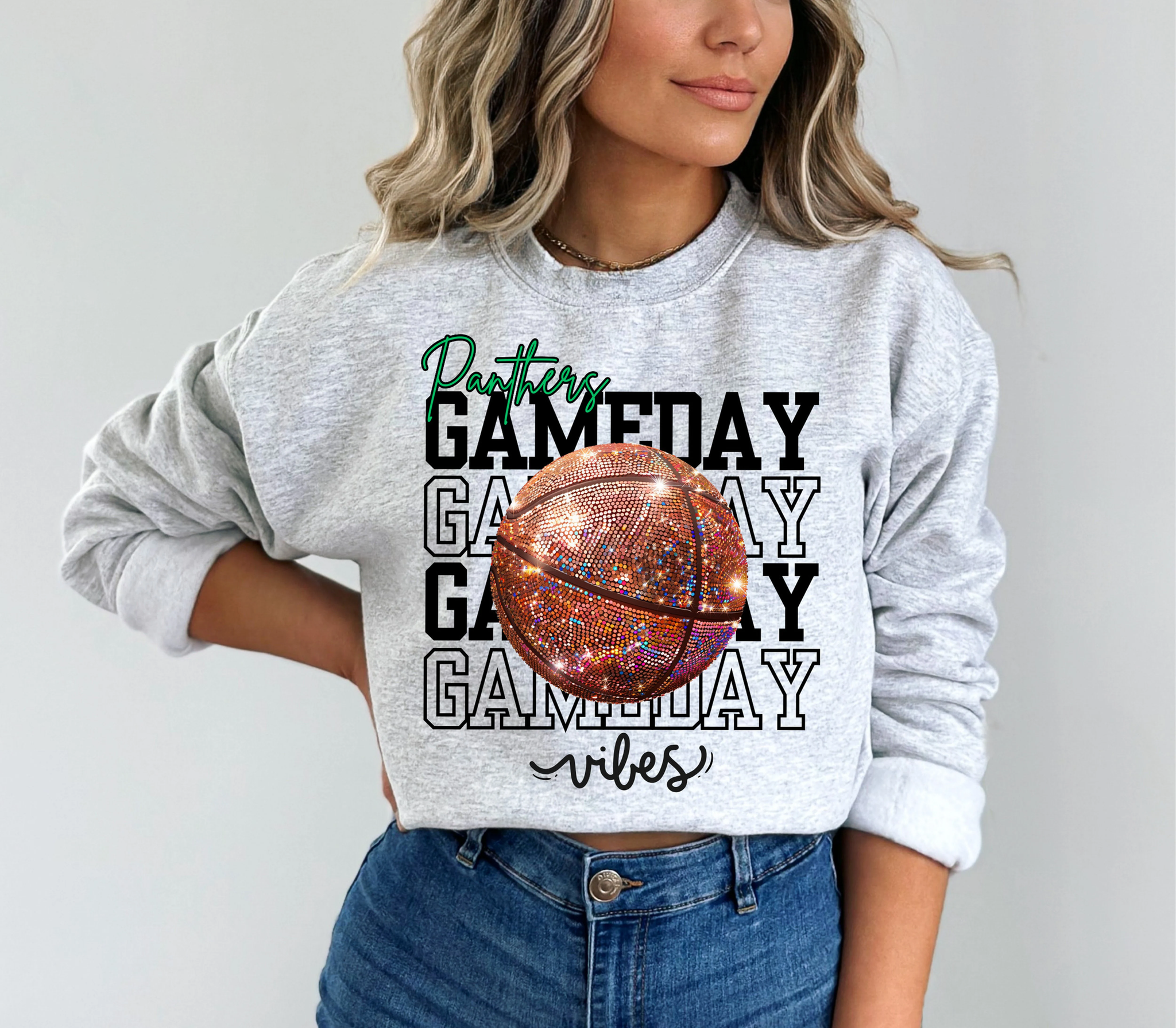 Custom Team Mascot Game Day Vibes Basketball Crewneck Sweatshirt, Sparkle Basketball Mom Shirt, Basketball Season Womens Pullover, Oversized FB2708