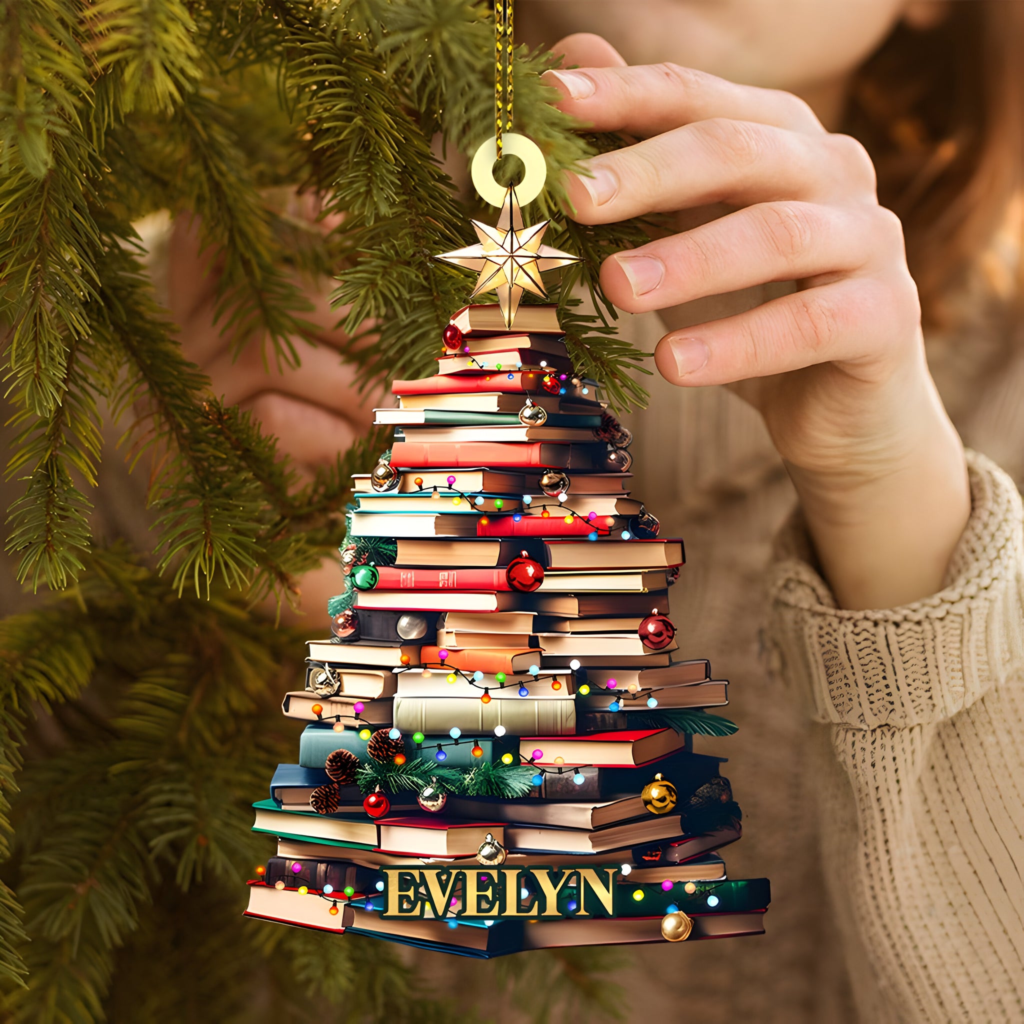 Personalized Christmas Book Tree Name Ornament, Custom Bookish Ornament, Book Lover Gift, Bookworm Gifts, Book Club Ornament, Librarian Gift 1 ORN2709