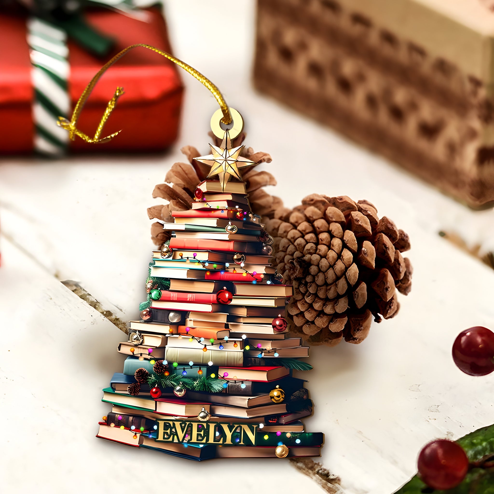 Personalized Christmas Book Tree Name Ornament, Custom Bookish Ornament, Book Lover Gift, Bookworm Gifts, Book Club Ornament, Librarian Gift 1 ORN2709