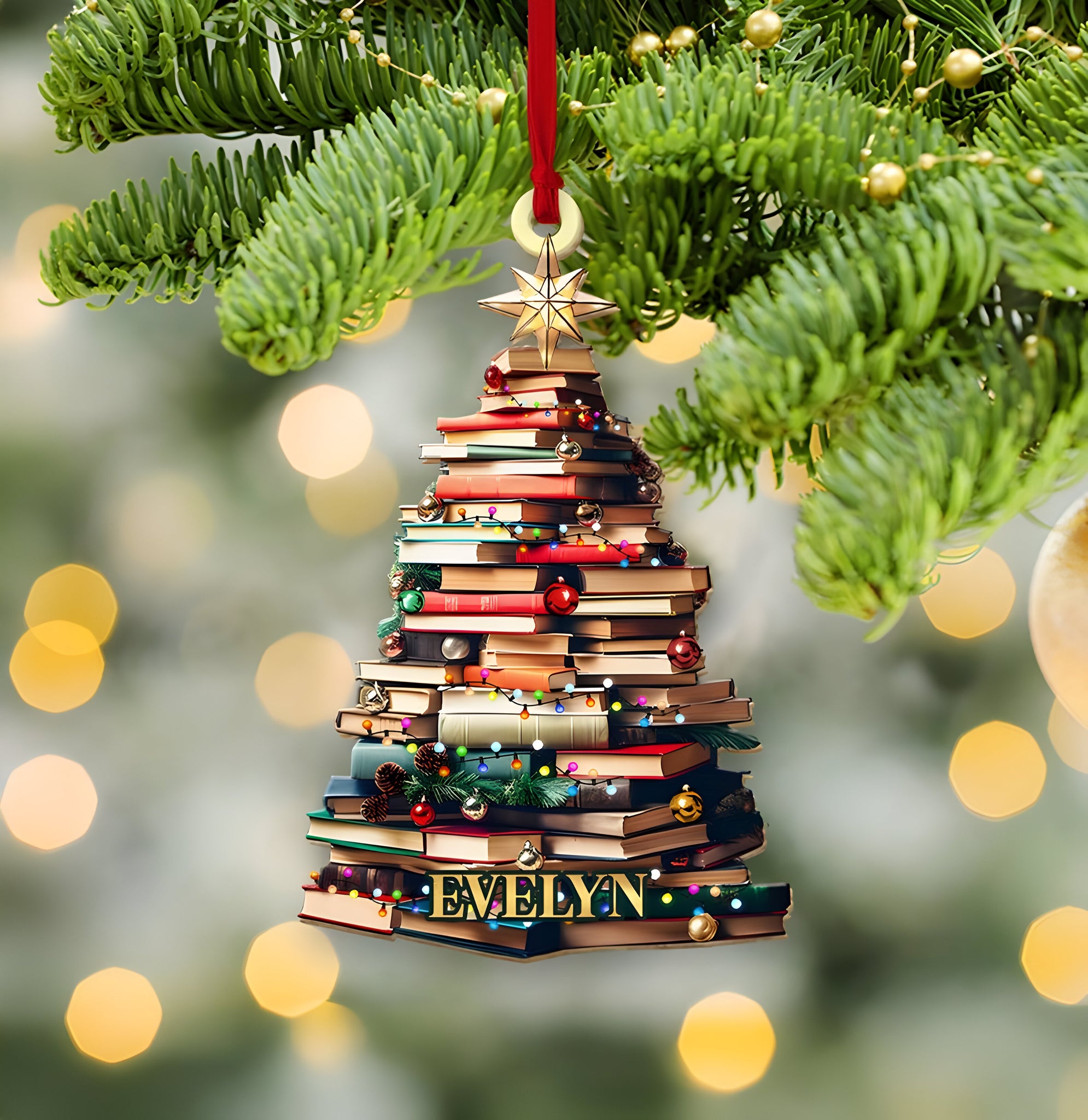 Personalized Christmas Book Tree Name Ornament, Custom Bookish Ornament, Book Lover Gift, Bookworm Gifts, Book Club Ornament, Librarian Gift 1 ORN2709