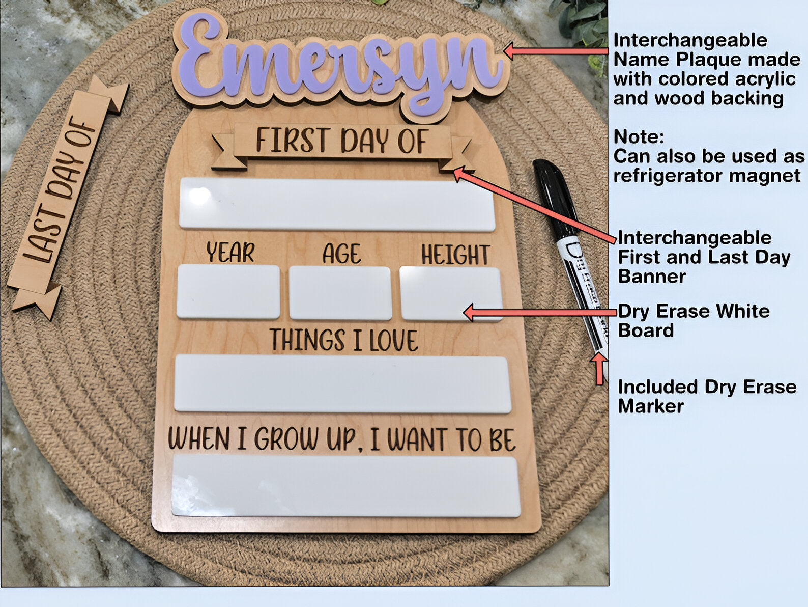 First and Last Day of School Interchangeable Wood Sign Personalized Home School Kids Education Great Gift Reusable School Sign Height scsign1