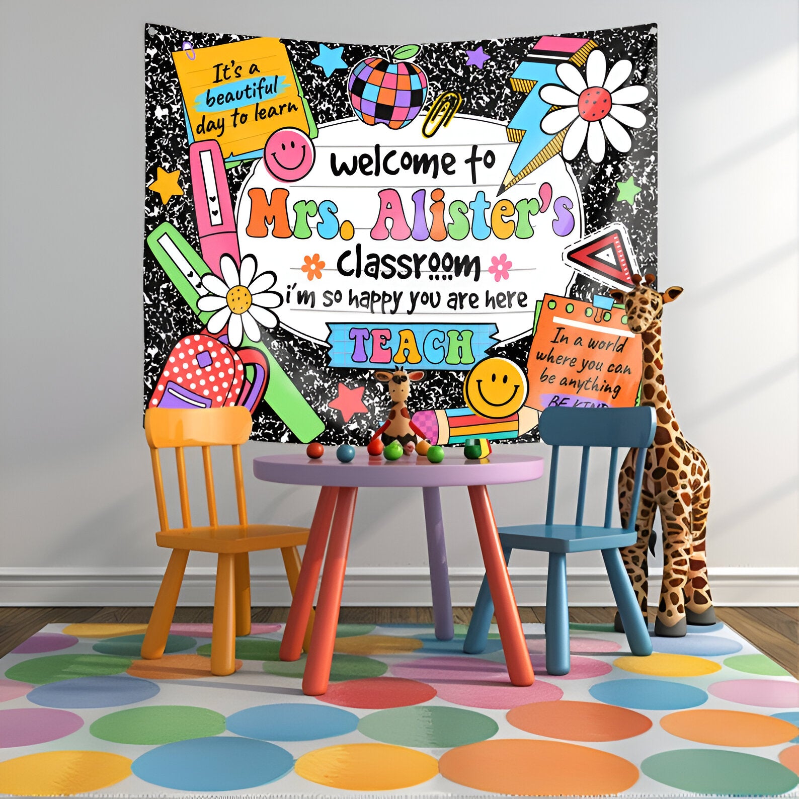 Classroom Decor, Custom Composition Notebook Welcome Teachers Name Classroom Banner, Teacher Appreciation Gifts, Custom Classroom Tapestry tapes