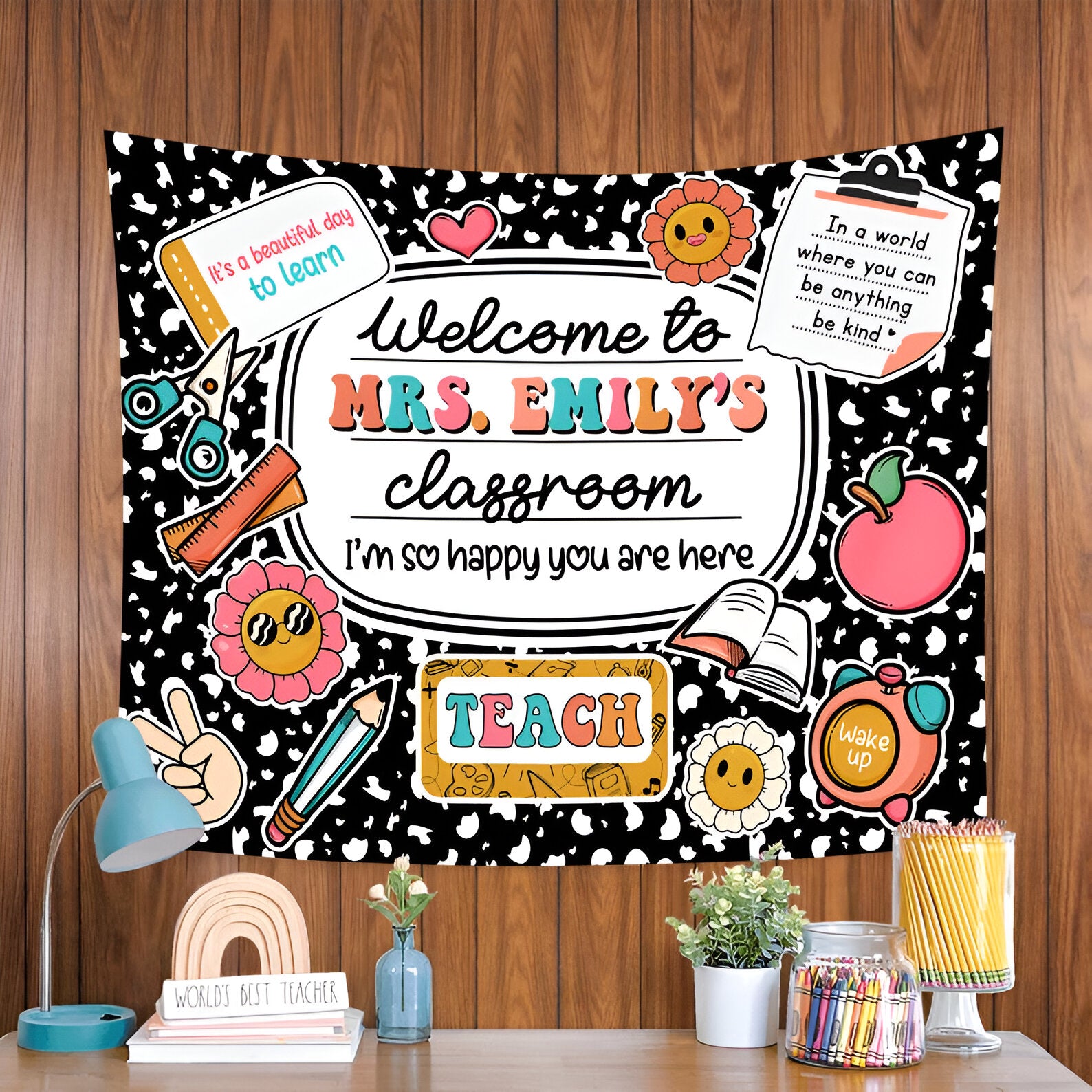 Custom Teacher Name Tapestry, Personalized Teacher Classroom Tapestry, Teacher Gift, Classroom Decor, Welcome to Class Decor,Custom Tapestry tapes
