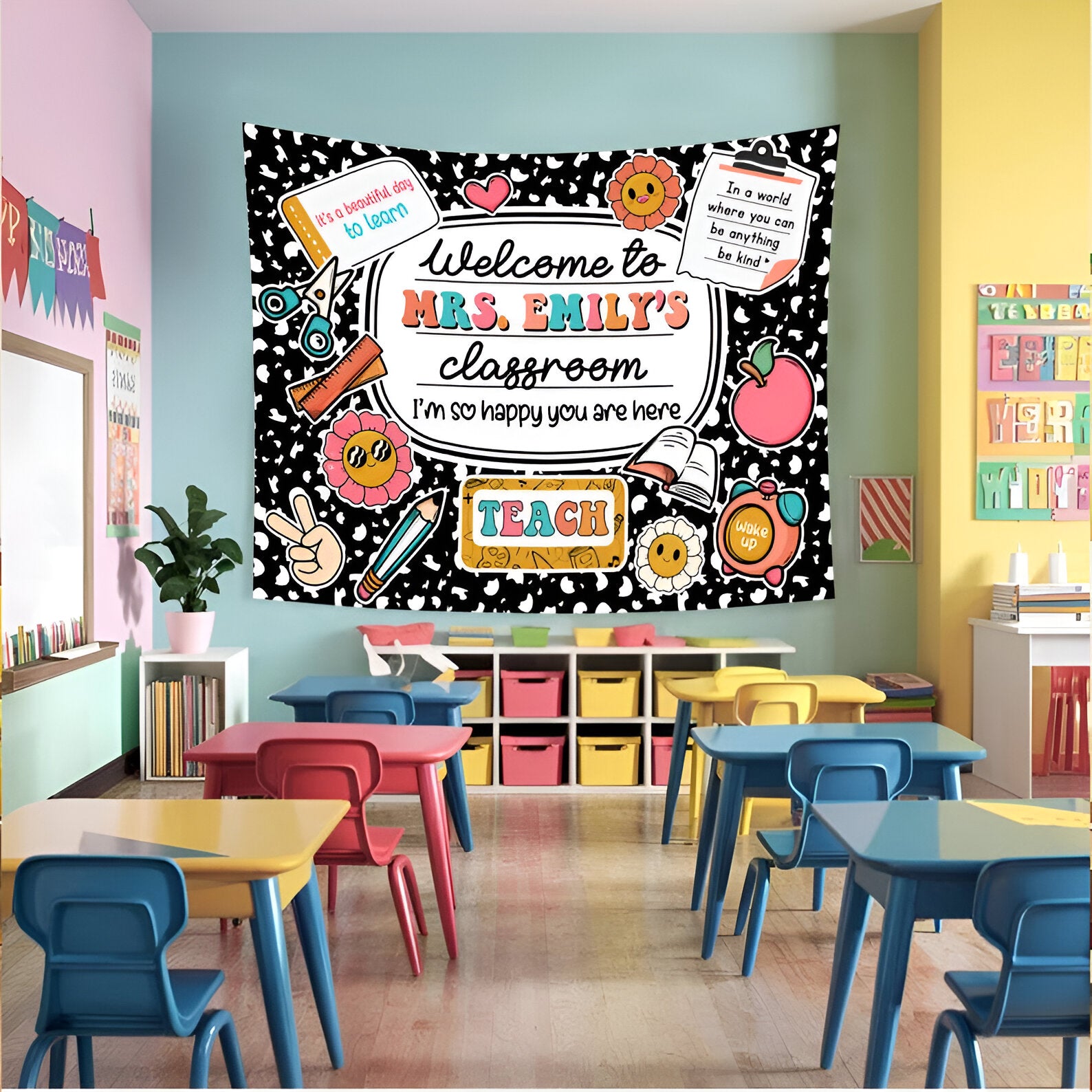 Custom Teacher Name Tapestry, Personalized Teacher Classroom Tapestry, Teacher Gift, Classroom Decor, Welcome to Class Decor,Custom Tapestry tapes