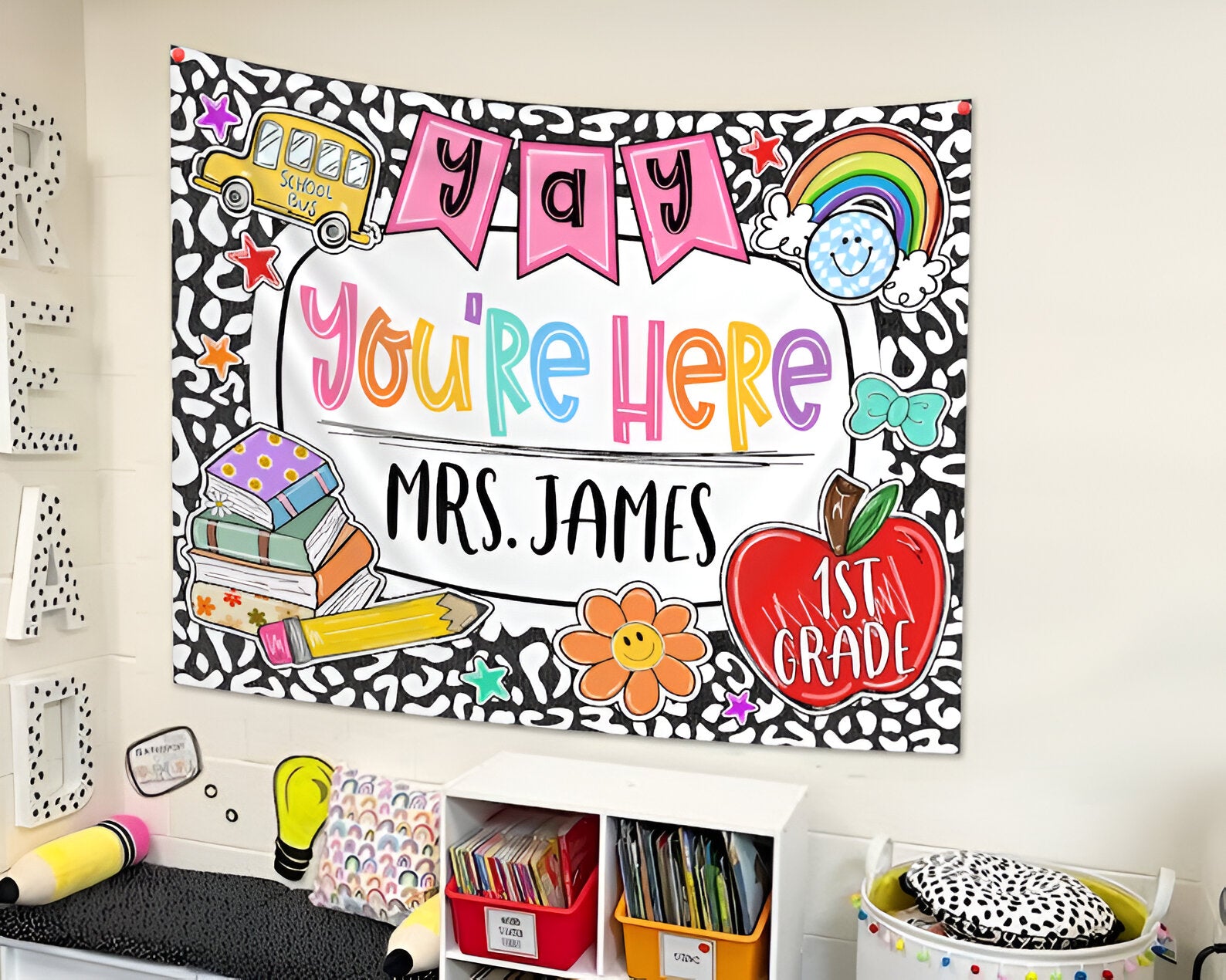 Personalized Classroom Tapestry, Yay You're Here Tapestry, Classroom Banner, Groovy Teacher Tapestry, Classroom Decor, Back To School Gift tapes