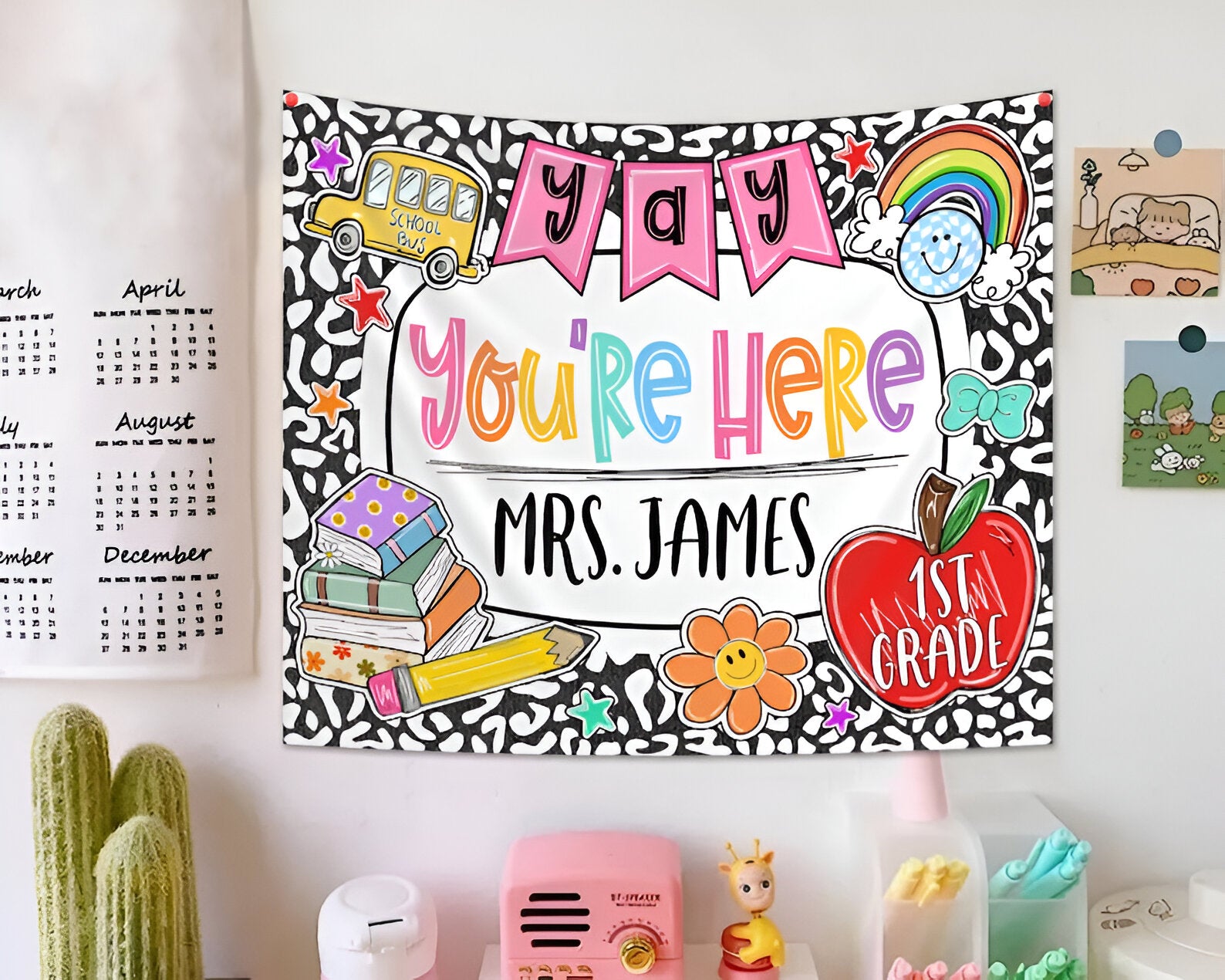 Personalized Classroom Tapestry, Yay You're Here Tapestry, Classroom Banner, Groovy Teacher Tapestry, Classroom Decor, Back To School Gift tapes