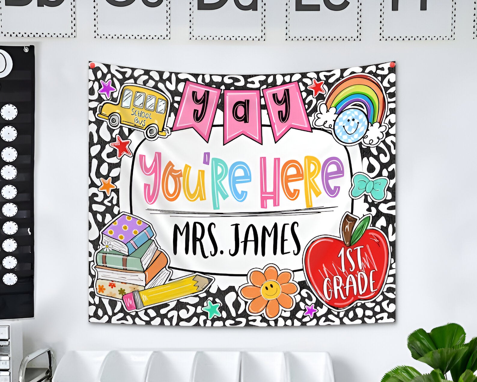 Personalized Classroom Tapestry, Yay You're Here Tapestry, Classroom Banner, Groovy Teacher Tapestry, Classroom Decor, Back To School Gift tapes