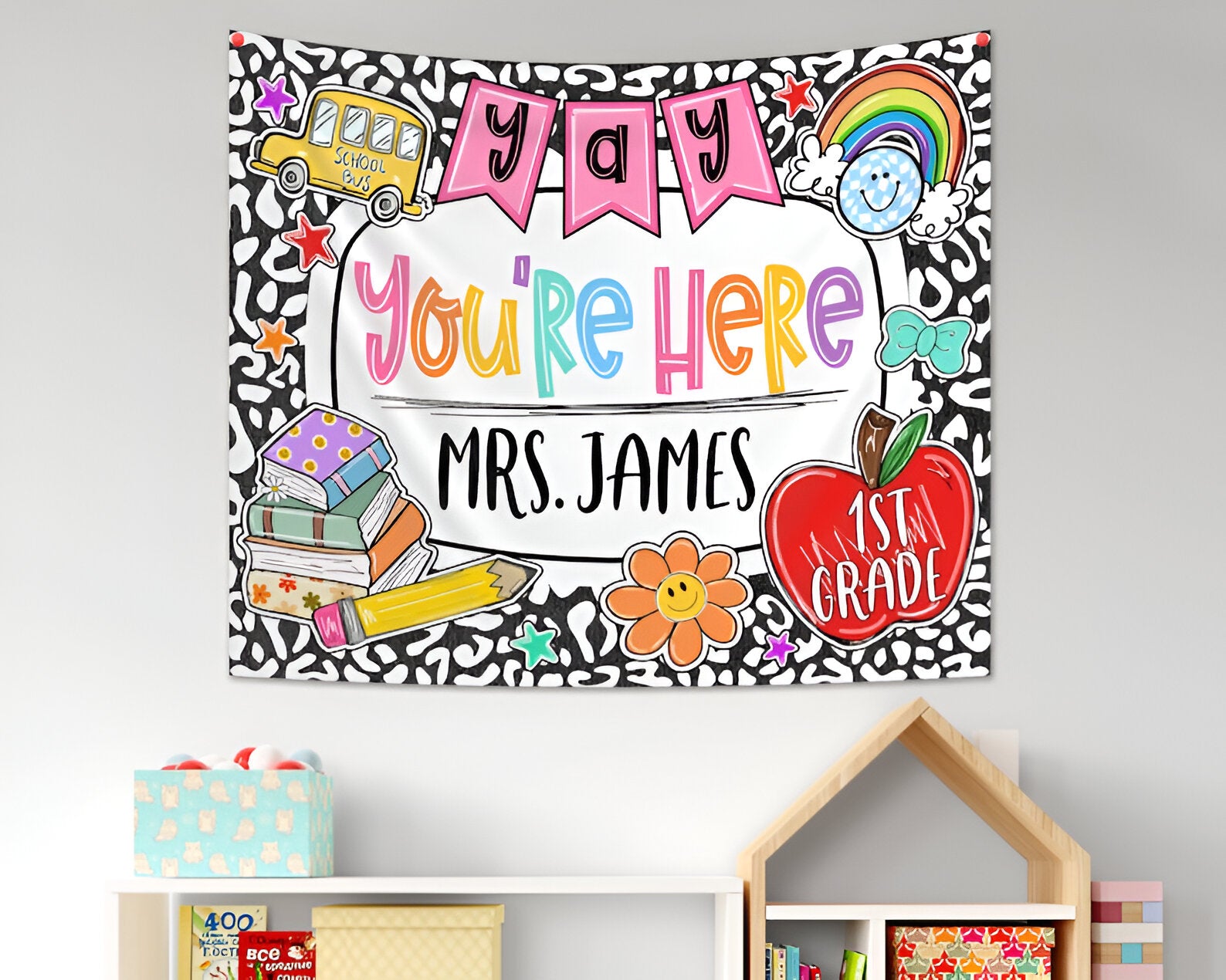 Personalized Classroom Tapestry, Yay You're Here Tapestry, Classroom Banner, Groovy Teacher Tapestry, Classroom Decor, Back To School Gift tapes