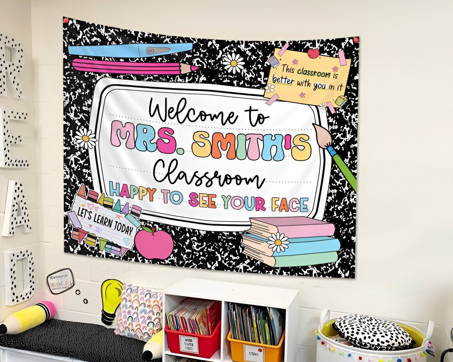 Personalized Classroom Tapestry, Composition Notebook Decor, Classroom Banner, Groovy Teacher Tapestry, Classroom Decor, Back To School Gift tapes