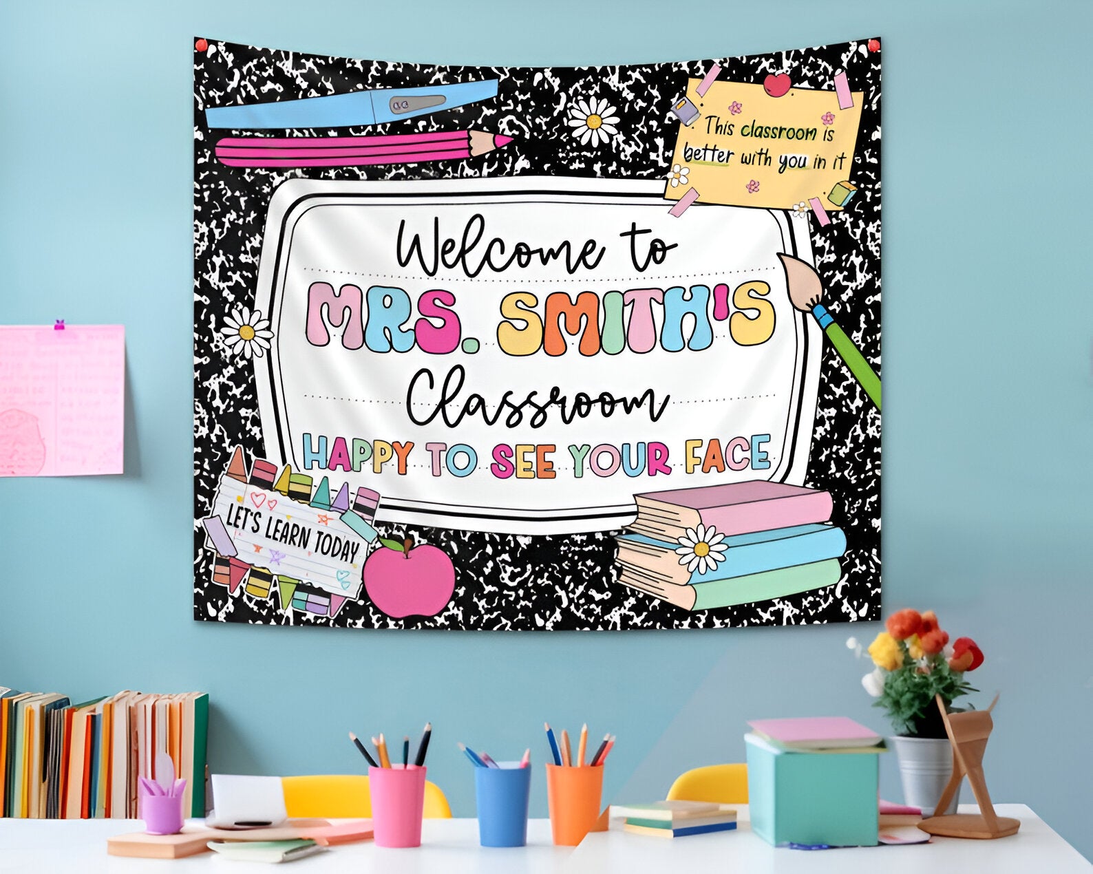 Personalized Classroom Tapestry, Composition Notebook Decor, Classroom Banner, Groovy Teacher Tapestry, Classroom Decor, Back To School Gift tapes