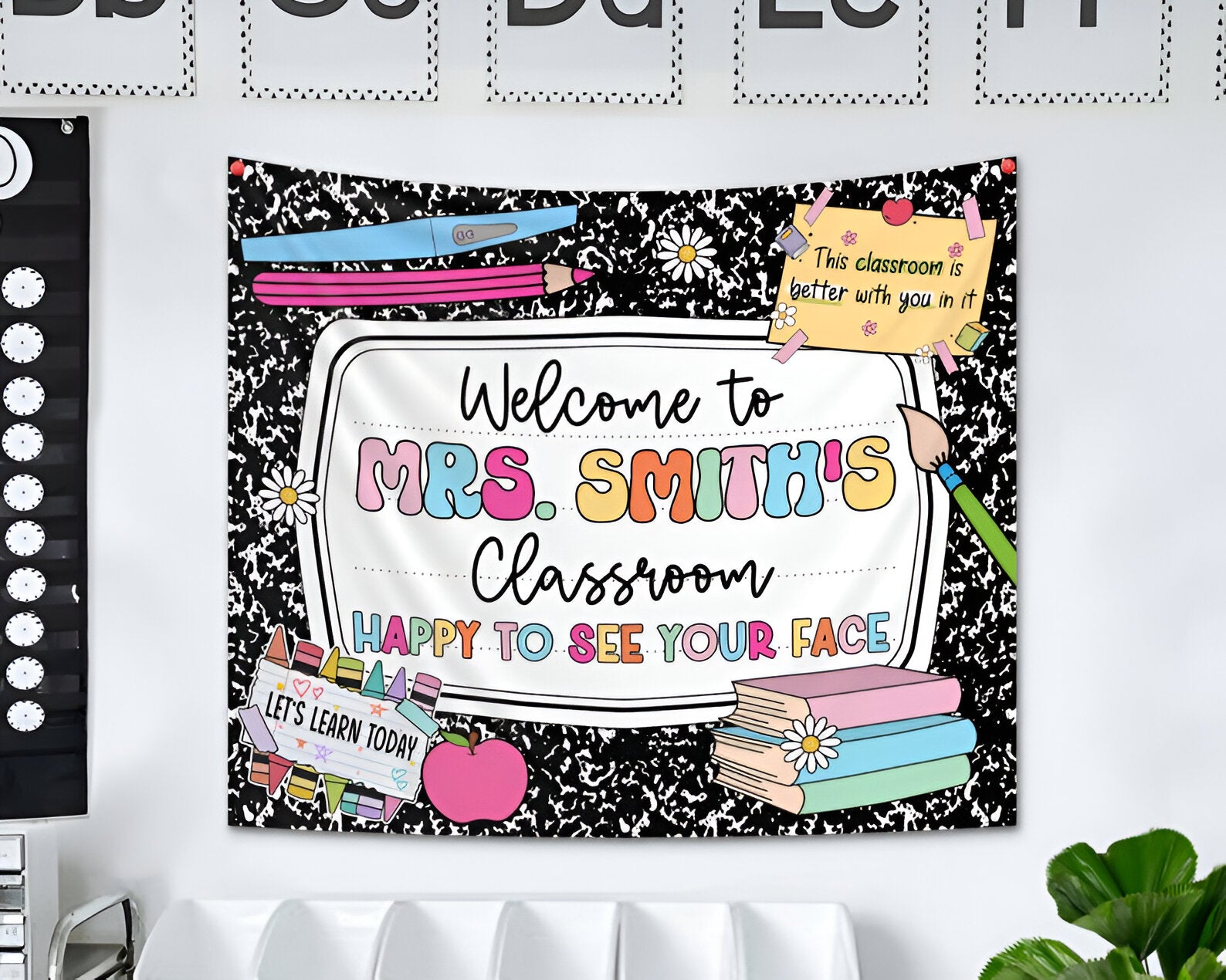 Personalized Classroom Tapestry, Composition Notebook Decor, Classroom Banner, Groovy Teacher Tapestry, Classroom Decor, Back To School Gift tapes