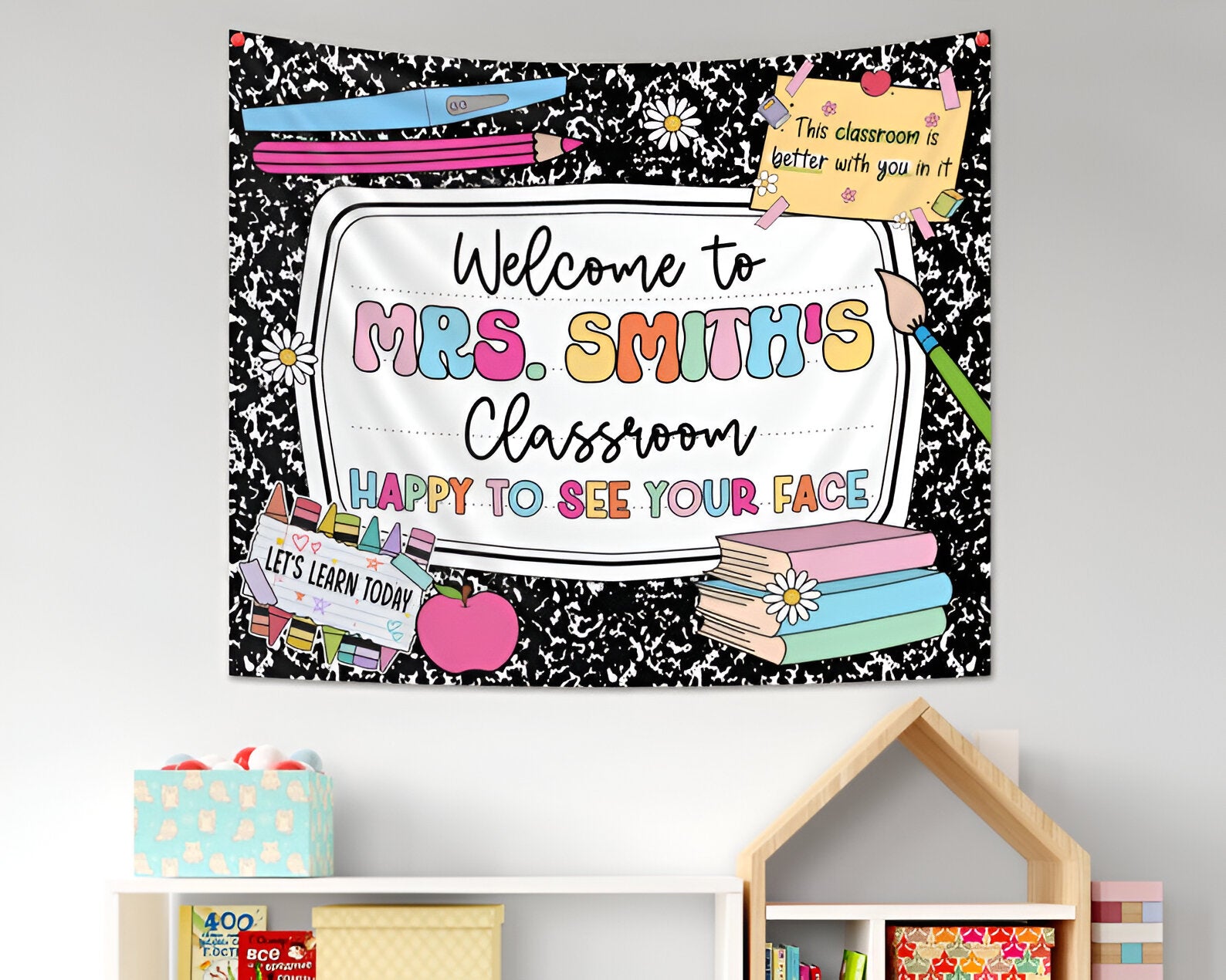Personalized Classroom Tapestry, Composition Notebook Decor, Classroom Banner, Groovy Teacher Tapestry, Classroom Decor, Back To School Gift tapes