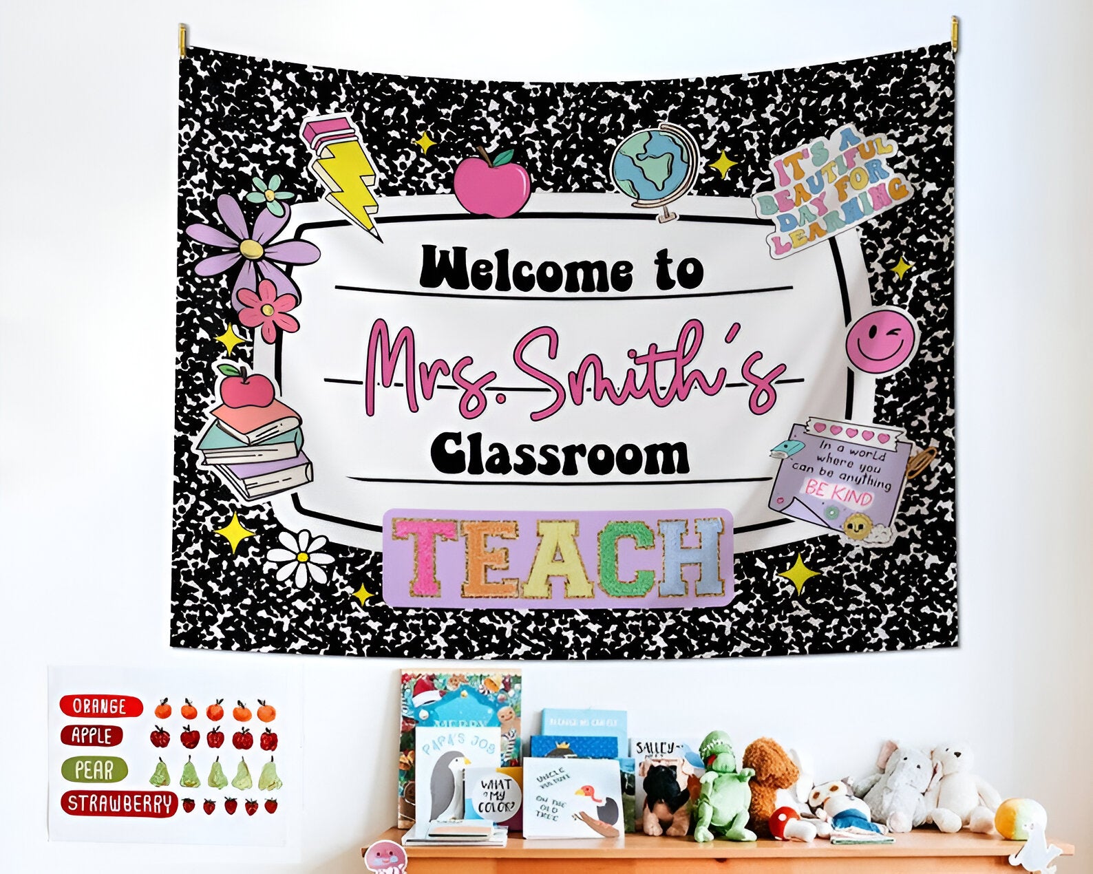 Personalized Teacher Classroom Tapestry, Teachers Name Classroom Banner, Groovy Classroom Decor, Gift for Teacher, Back to School Tapestry tapes