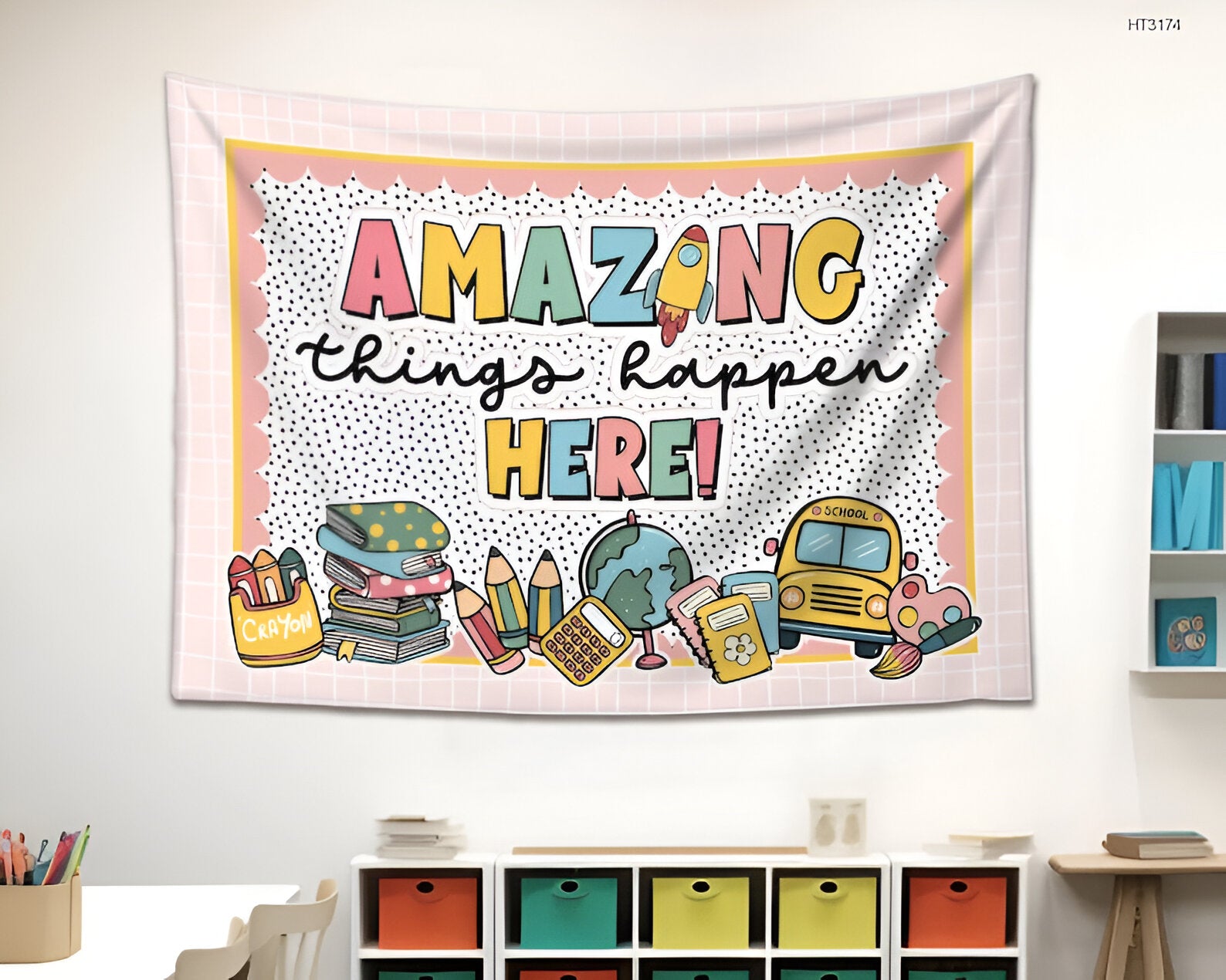 Personalized Teacher Classroom Tapestry, Teacher Gift, Classroom Decor, Custom Teacher Name Tapestry, Amazing Things Happen Classroom Banner tapes1