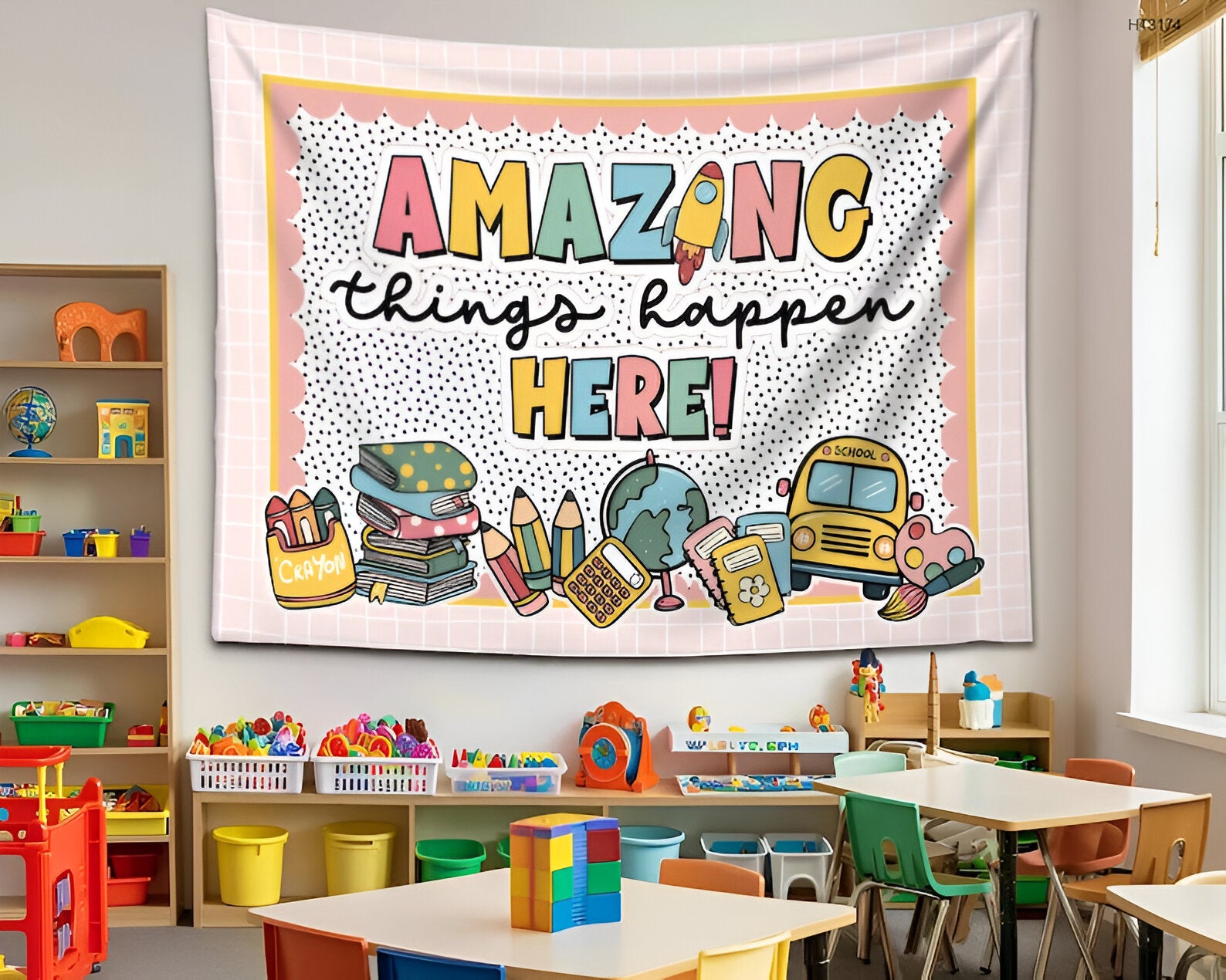 Personalized Teacher Classroom Tapestry, Teacher Gift, Classroom Decor, Custom Teacher Name Tapestry, Amazing Things Happen Classroom Banner tapes1