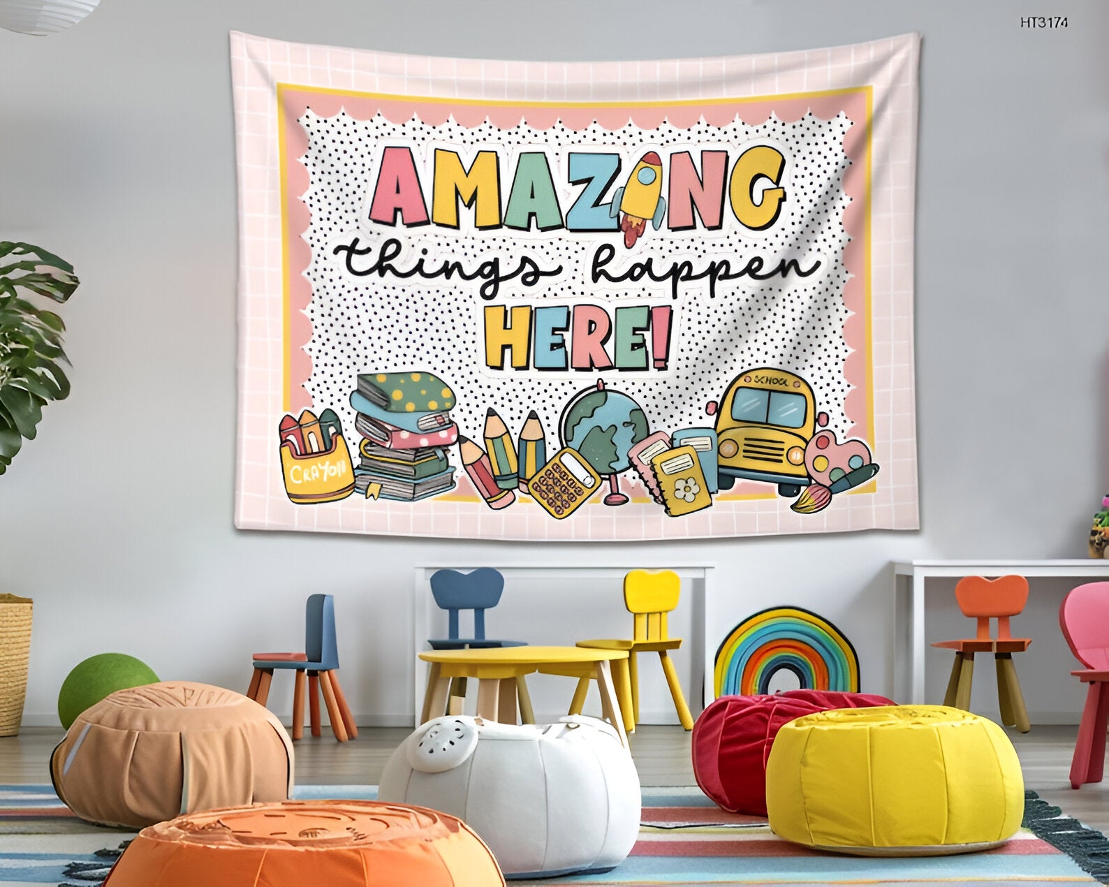 Personalized Teacher Classroom Tapestry, Teacher Gift, Classroom Decor, Custom Teacher Name Tapestry, Amazing Things Happen Classroom Banner tapes1