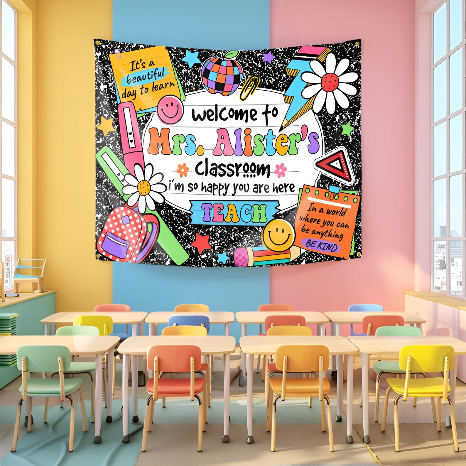 Classroom Decor, Custom Composition Notebook Welcome Teachers Name Classroom Banner, Teacher Appreciation Gifts, Custom Classroom Tapestry tapes