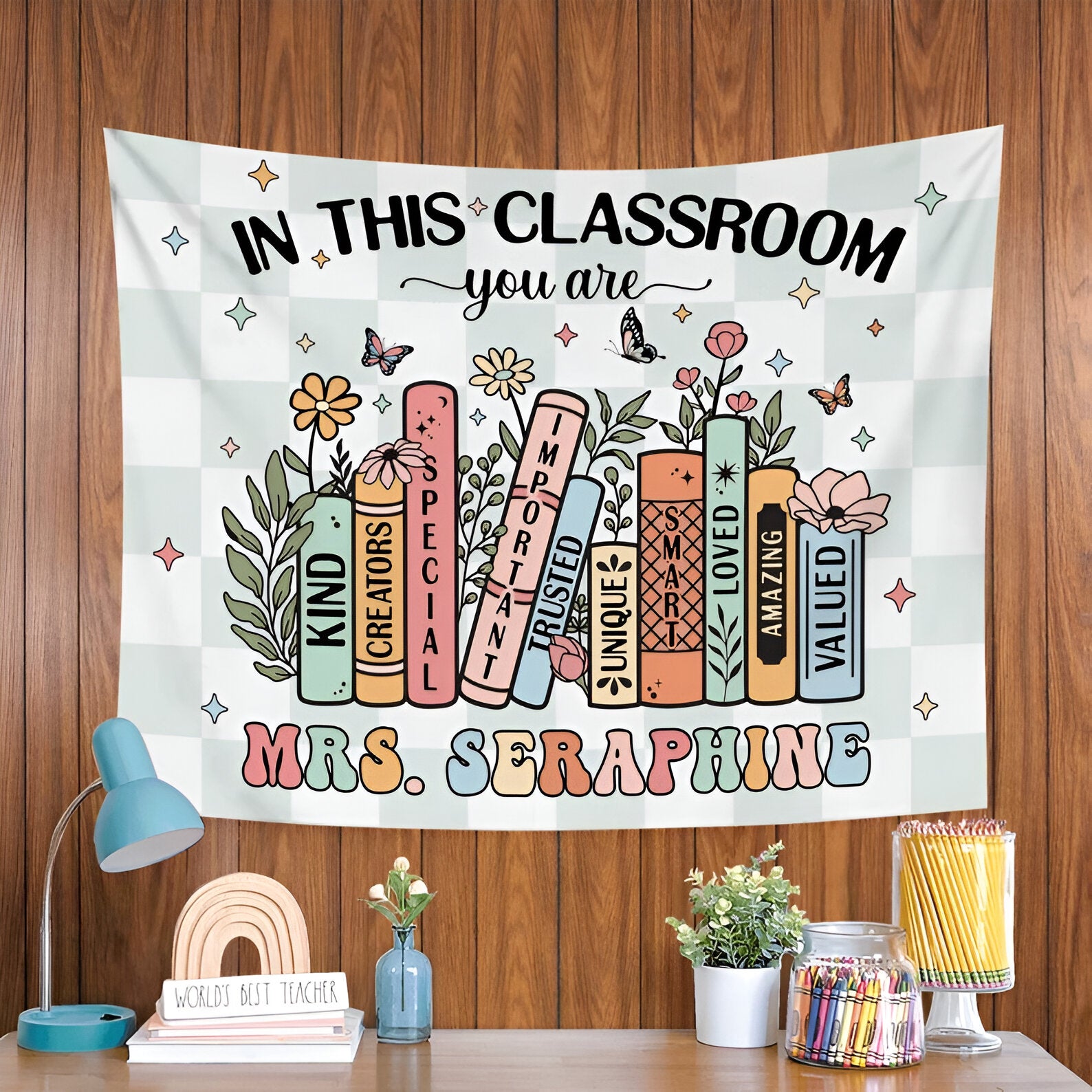 Custom Classroom Tapestry, Groovy Classroom Tapestry, Personalized Teacher Name Classroom Banner, Groovy Classroom Decor First Day Of School tapes