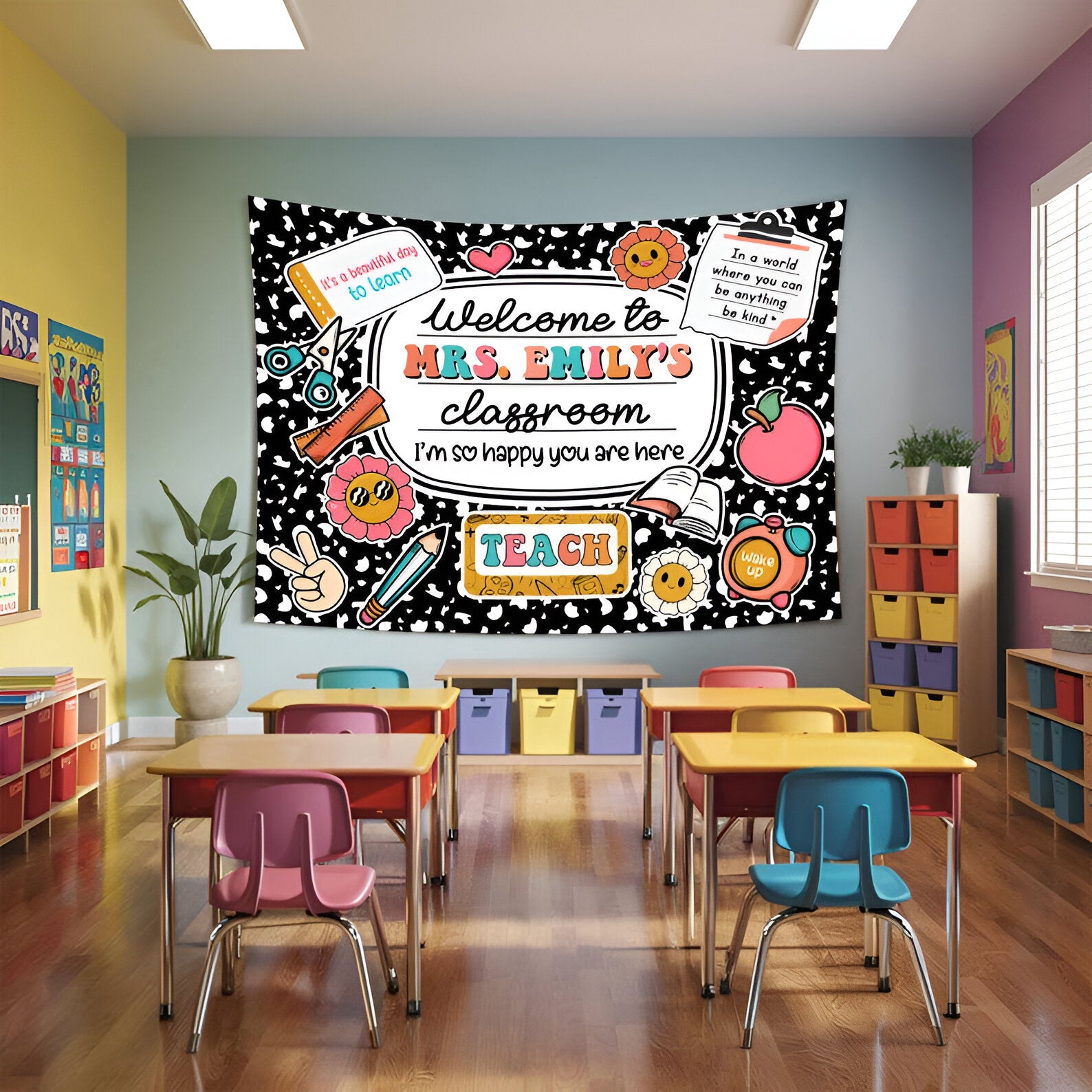 Custom Teacher Name Tapestry, Personalized Teacher Classroom Tapestry, Teacher Gift, Classroom Decor, Welcome to Class Decor,Custom Tapestry1 tapes