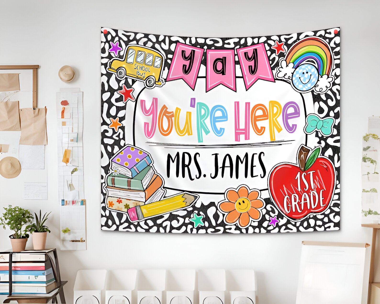 Personalized Classroom Tapestry, Yay You're Here Tapestry, Classroom Banner, Groovy Teacher Tapestry, Classroom Decor, Back To School Gift tapes