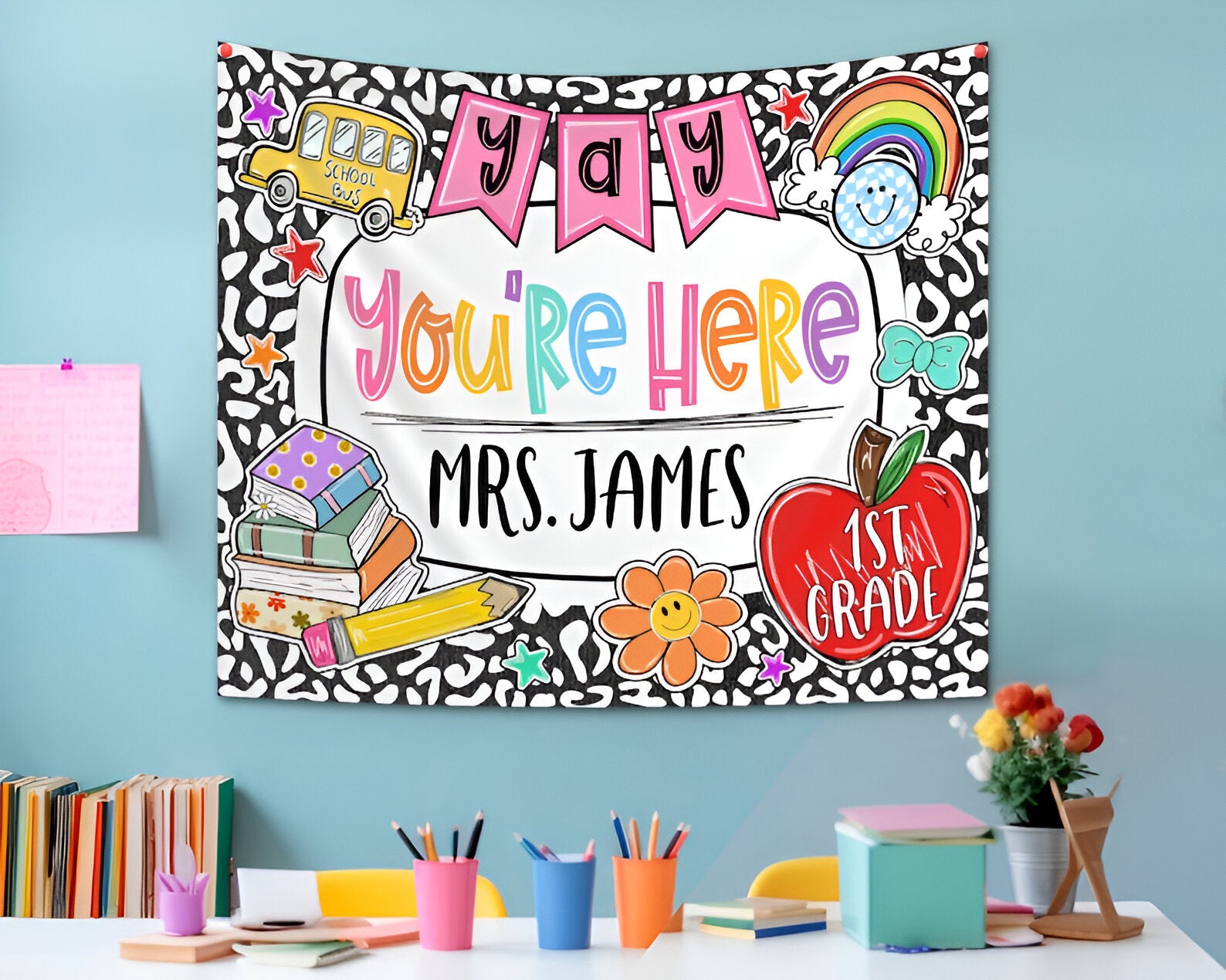 Personalized Classroom Tapestry, Yay You're Here Tapestry, Classroom Banner, Groovy Teacher Tapestry, Classroom Decor, Back To School Gift tapes