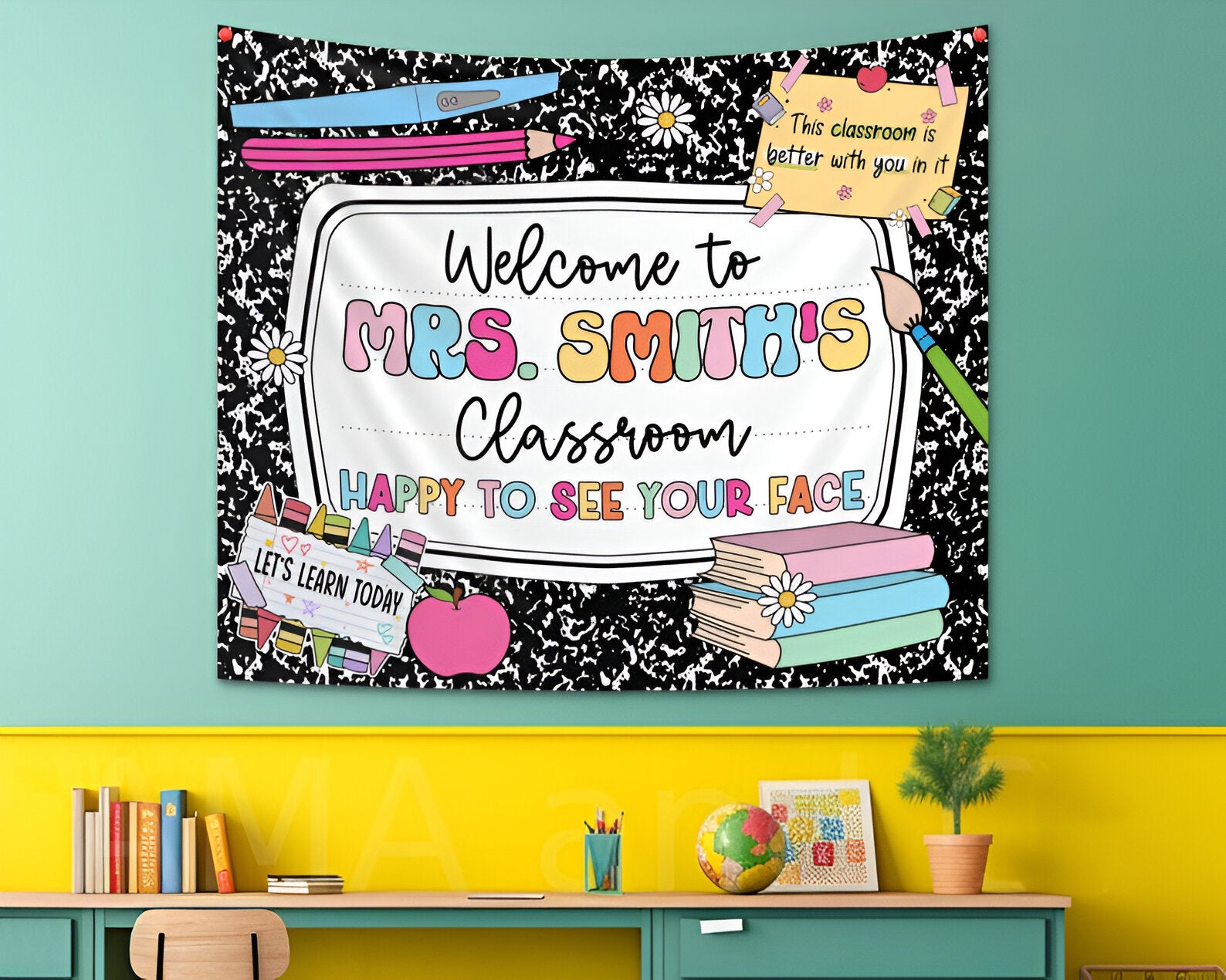 Personalized Classroom Tapestry, Composition Notebook Decor, Classroom Banner, Groovy Teacher Tapestry, Classroom Decor, Back To School Gift tapes